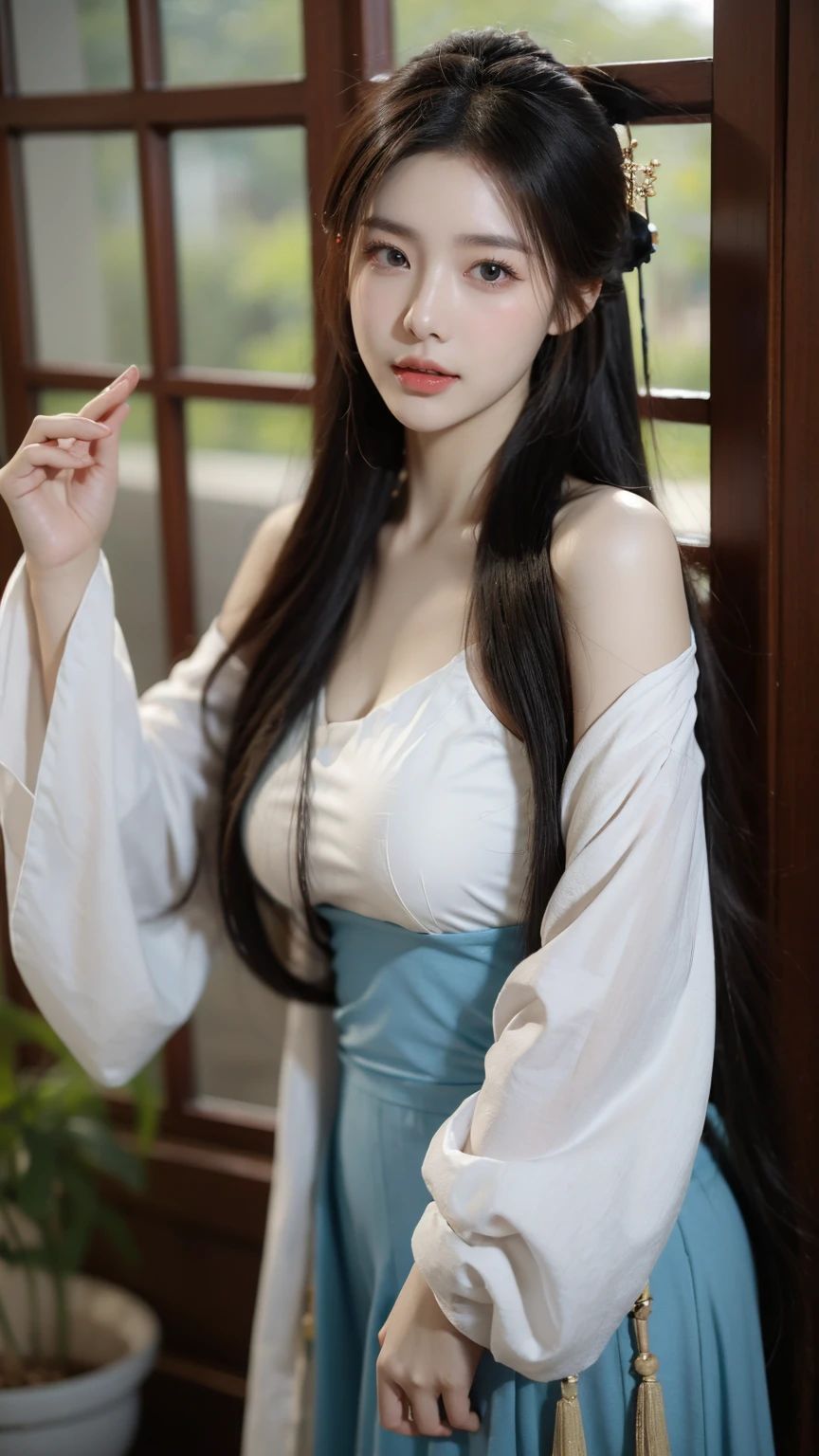 （18-year-old Chinese fashion female model），panoramic，Shoulder，perfect eyes，perfect iris，perfect lips，perfect teeth，perfect skin，White skin，soft headlights，Front light，Chinese girl，Yarn（Colorful Hanfu），（chinese woman&#39；hairstyle），（Various dynamic poses），Background Chinese interior，Green trees outside the window，MUCH QUALITY，masterpiece，ultra high resolution，（lifelike：1.4），original photo（Super lifelike details）， best quality