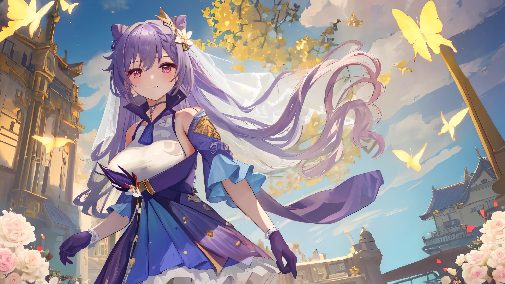 ((masterpiece, highest quality)), straight, smiling,face focus,((1 girl)), {long hair}, ((big breasts)), Are standing, hair ornaments, gloves, gilded frame, (detailed light),lit, colorful, layered background, (gothicarchitecture), pool, (luxury background), dynamic angle, delicate background, (shine),Keqing \(genshin impact\),flower,Lens flare,butterfly,(4K),(8K),(High resolution),(masterpiece:1.2),incandescent lamp,Bright colors,warm tones,soft shadow, calm atmosphere, bright eyes,panorama,alone,character concentration.detailed background,(flower嫁, Wedding dress, flower束,:1.3)
