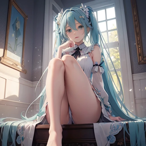 hatsune Miku、(ultra Realistic), (An illustration), (Highres), (8K), (highlydetailed), (the best illustration), (Beautiful Detailed Eyes), (beste Quality), (Super Detailed), (Master peace), (Wallpapers), (Detailed Face), solo, 1girl, Aristocratic dresses、White hair, Iris heterochromatic eyes, small moles under eye, medium chest, Long legs,Stunning composition,Foot braids,Beautiful and detailed legs