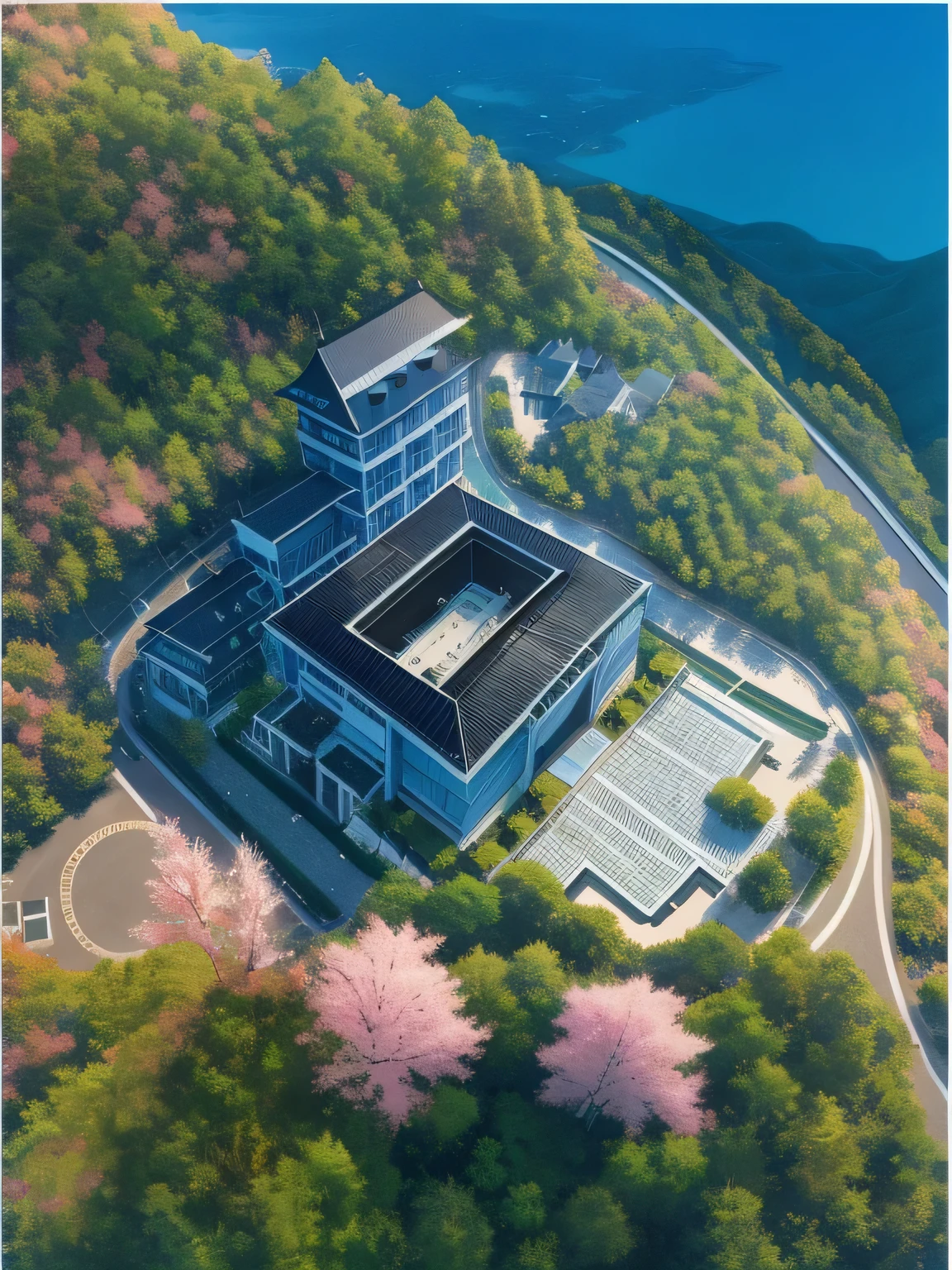 Aerial view of Mt. Cha from a building surrounded by trees and roads, from above, (visually stunning, from above, from above, photo taken from above, hotel, shot from above, top - view, shot from drone, shot from above, hotel, a small number of cherry blossoms, highest quality, spring, blue sky and white clouds