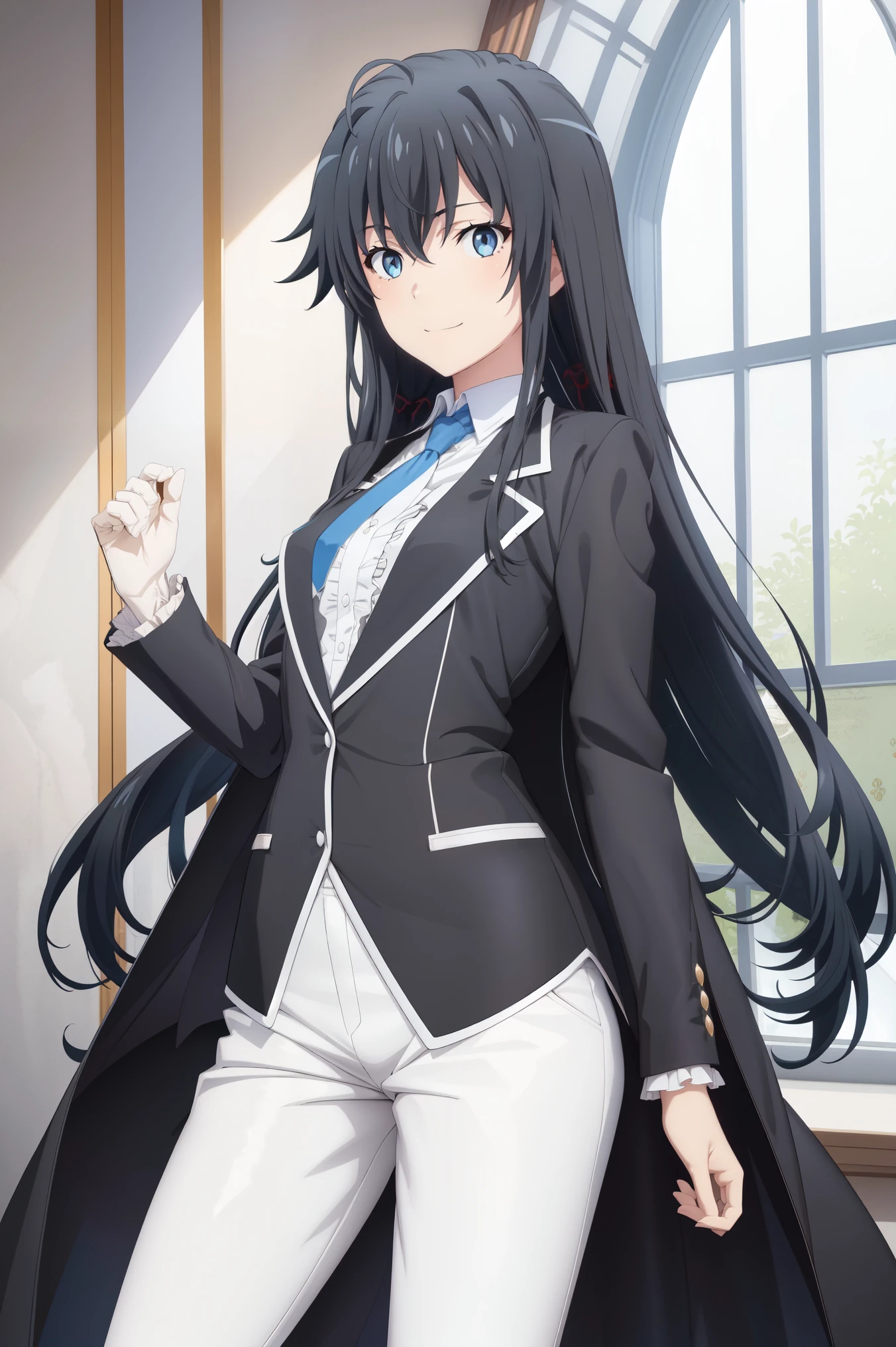 ((best quality)), ((masterpiece)), (detailed) 1girl 1girl, ;\), blurry, blurry_background, breasts, , hair_long looking_at_viewer, ok_sign, open_hand, Yukinoshita Yukino ,Woman wearing formal clothes, An attractive coat stands in a large gap in the room , 1girl, 独奏, blue necktie, Black hair, eyes blue, long hair, smile , collared shirt, white pants, white shirt , Elegantly designed coat , Stand in front of a window ,Perfectly tailored tailcoat. It has a stunning Victorian design and is made of lustrous fabric