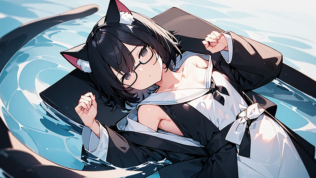 (((I can see the whole body)))、(((short black hair))), ((( slender woman with flat chest)))、((solo))、((black eyes))、((wear black half-rim glasses))、((cat ears))、cheeks flushed、high body temperature、Listless expressionless face、((wet white sailor style kimono))、((Lying on your back in water))、raise your arms、(View from directly above)、A white slimy tentacle grabs my chest