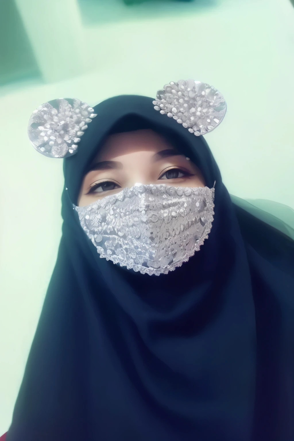 arafed woman wearing a black scarf and a silver mascarilla, hiyab, inspirado por Naza, inspirado por Sarper Baran, no face mascarilla, wearing mascarilla, inspirado en Shaddy Safadi, rayyan, inspirado en Fathi Hassan, cara cubierta, Meca, , mascarilla, full mascarilla, facemascarilla, anime style