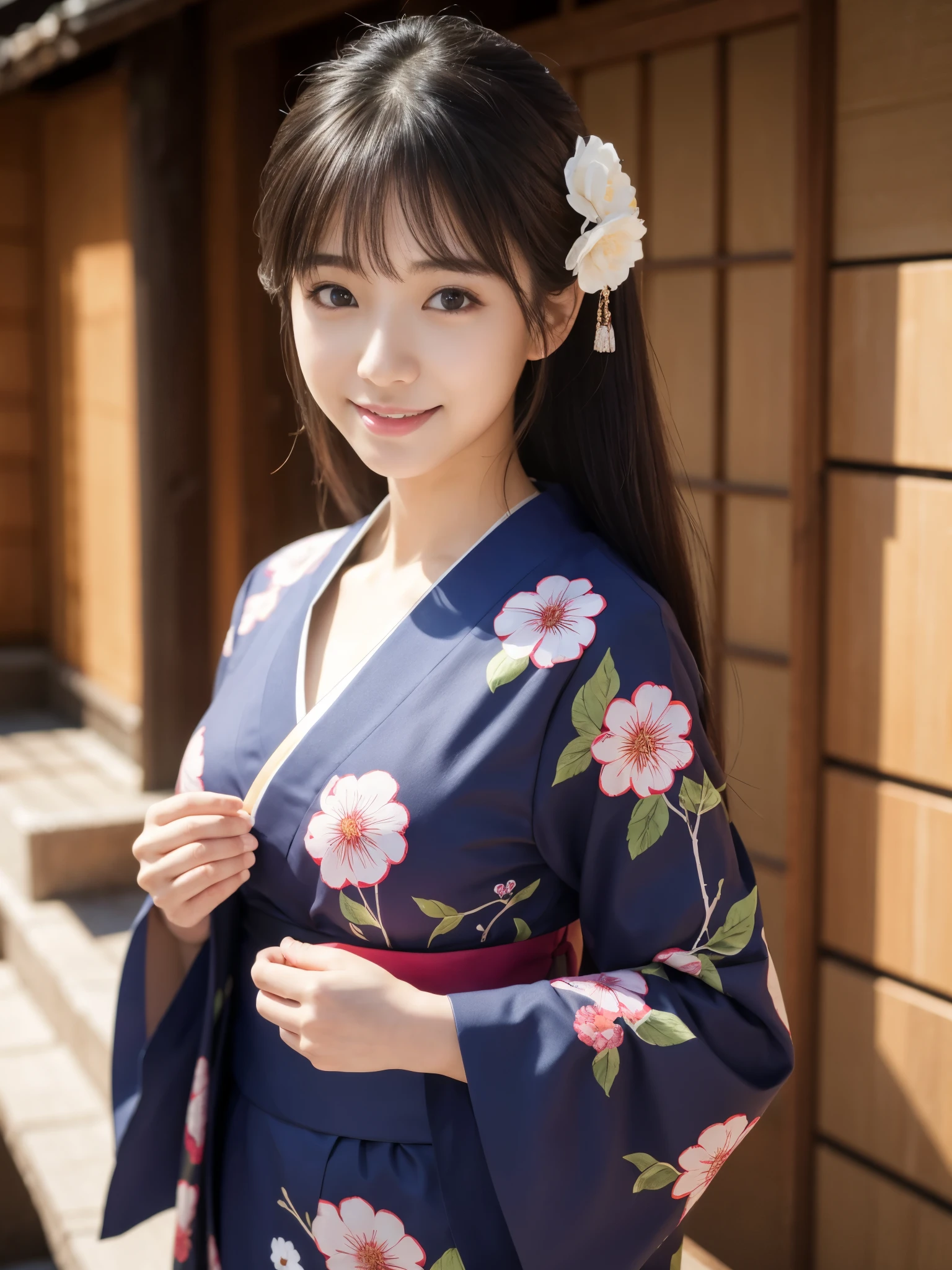 Beautiful woman in neat Japanese clothes、((best qualtiy、8k masterpieces:1.3))、foco nítido:1.2、(ultra beautiful faces:1.0)、(shinny skin:1.0)、photos realistic、A dark-haired、Video Lighting、High-definition eyes and face、Video Lighting、Japan Idol Actress、from the front side、medium breasts、Smile、Slender Abs Beauty、Whole body、In furisode