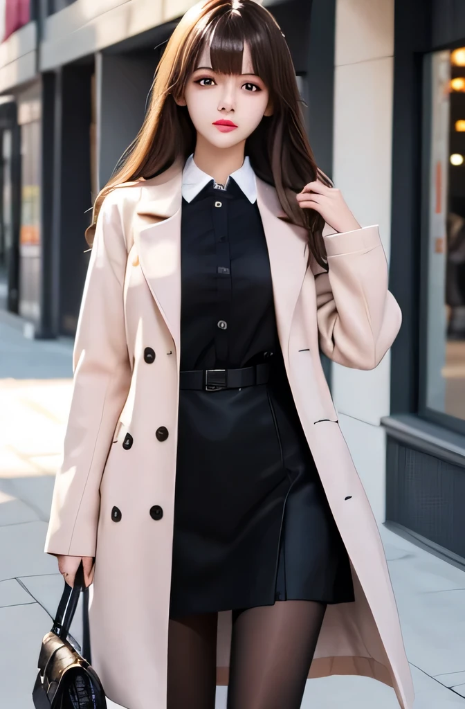 全身mannequin1体,mannequin is a high school girl,mannequinの身長は165cmです,mannequinの色'my face is white.,mannequinの色'The body is pure white.,そのmannequinは茶色の髪をしています( straight hair,Slightly longer short hair,bangs),mannequinの色'lips are light pink.,mannequin'eye color is black,mannequin has a long, thin face.,mannequinはコートを着ています