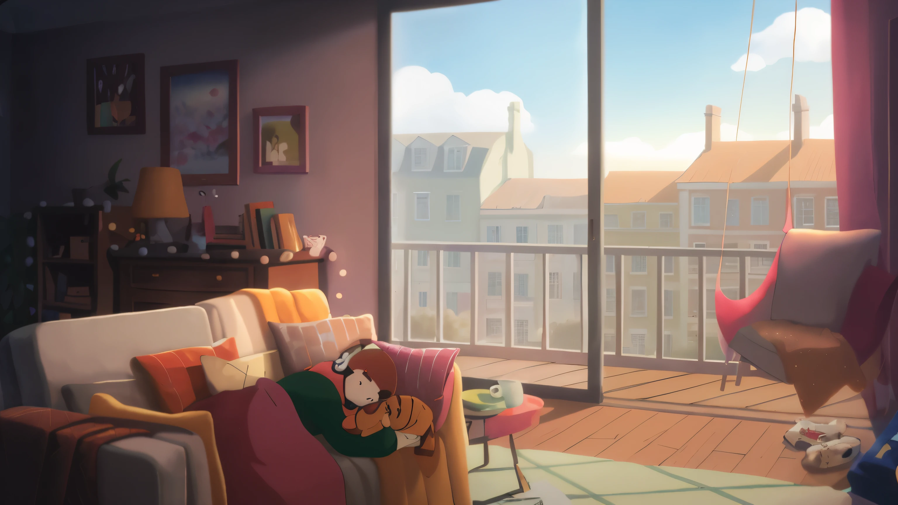 cartoon scene of a living room with a couch and a dog, cozy home background, relaxing concept art, cozy wallpaper, interior background art, anime background art, cozy cafe background, cozy living room background, studio ghibli sunlight, lofi portrait at a window, calm afternoon, background art, personal room background, relaxing atmosphere, blurry and dreamy illustration, lofi artstyle