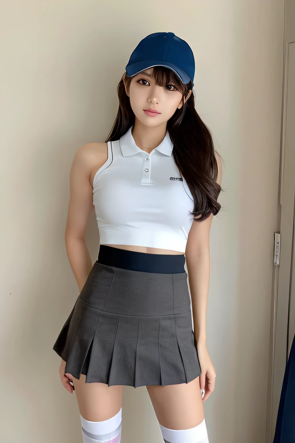 Highest imYear quality、beautiful japanese、20Year、Glamour、black skin、O golf course、good shirt、mini skirt、you can see me、Emphasis on long legs、high socks、Golf Shoes、ponytail、Cap of the same color as the skirt、A short golf glove on the left hand、Right hand is bare hand、tie the waist、flat tummy、Full-length view from the front、Clear brown eyes、narrow mouth、Stare kindly at the camera、