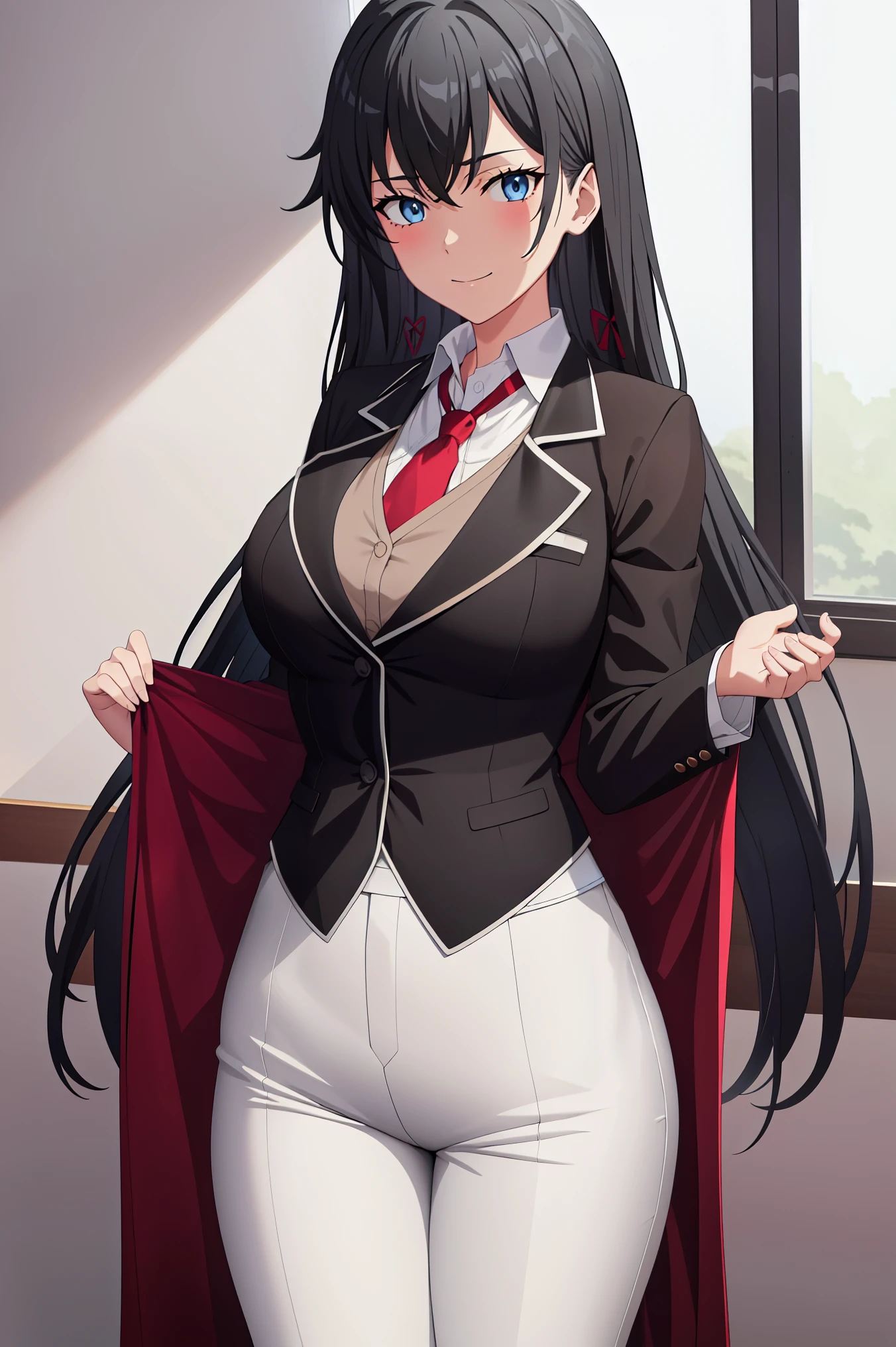 ((best quality)), ((masterpiece)), (detailed) 1girl 1girl, ;\), blurry, blurry_background, breasts, , hair_long looking_at_viewer, ok_sign, open_hand, Yukinoshita Yukino ,Woman wearing formal clothes, An attractive coat stands in a large gap in the room , 1girl, 独奏, blue necktie, Black hair, eyes blue, long hair, smile , collared shirt, white pants, white shirt , Elegantly designed coat , Stand in front of a window ,Perfectly tailored tailcoat. It has a stunning Victorian design and is made of lustrous fabric
