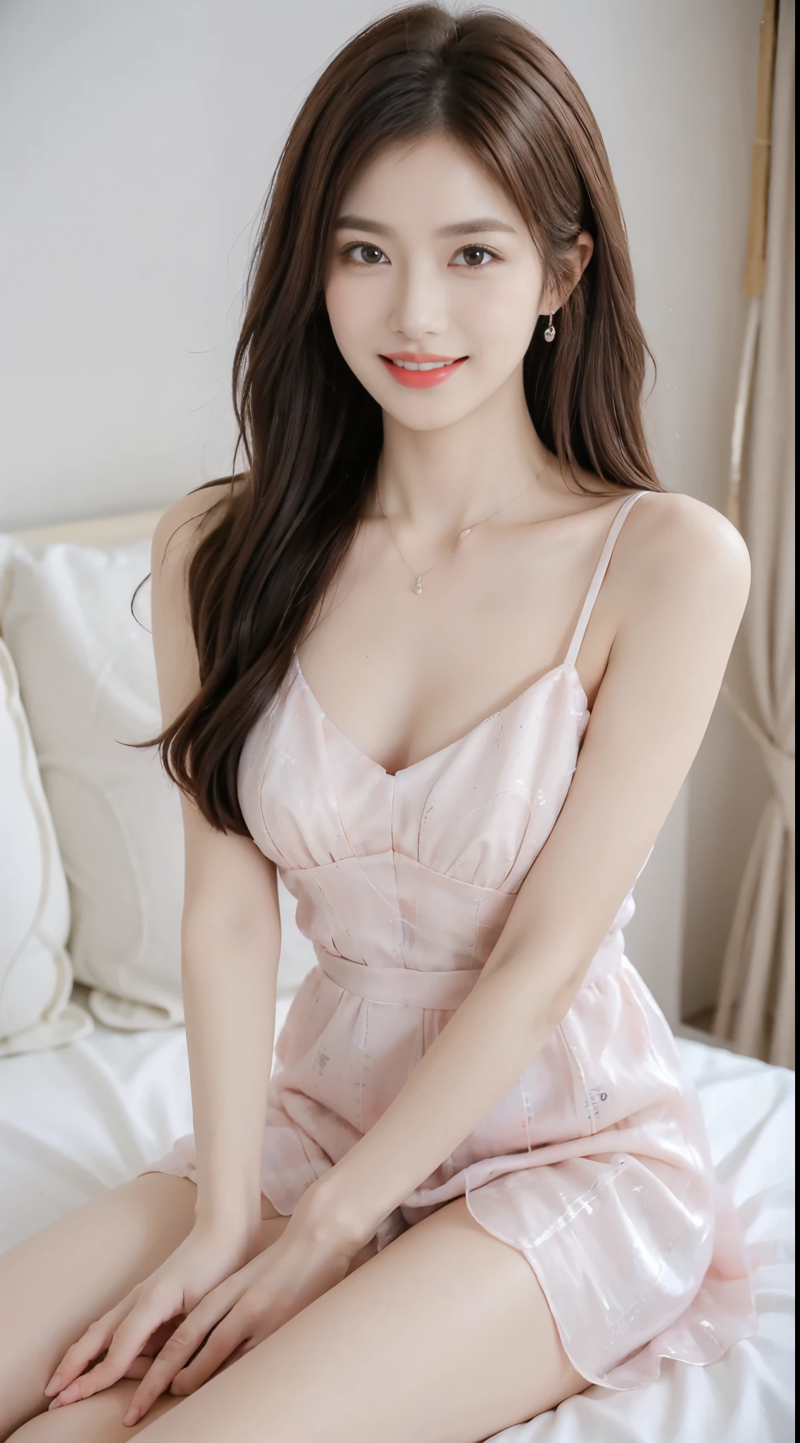 Sweet girl dress2,dress, ((full body)), ((leaning forward)), ((Random viewing Angle shooting)), ((realistic)), 1girll, (Random scene, sitting position, crossed legs), Large breasts, posed for photo, Pleasing posture, Eye-catching poses, pretty legs, looking at viewert, Detailed scenes, curlies, Air bangs, Beautiful hair accessories, Brownish-yellow hair, light make-up, Blushlush, Gloss on lips, (Campus style), warm lights, a warm color palette, Detailed details, Very detailed, (tmasterpiece, best qualtiy), (An extremely delicate and beautiful work), Delicate earrings, Delicate necklace, Simple blurred background, Extreme detail description, Ultra-fine painting, Delicate face, slim toned body, Slimming the waist, (grin, happy grin, Baring teeth), (anatomy correct)