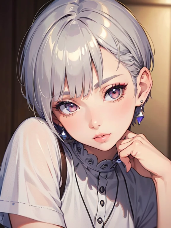 (best quality, masterpiece), 1girl, beautiful girl, brown_eyes, ((hair color [Silver hair], [pixie cut with bangs] hair)), earrings, lips, short sleeves,realistic, narrow waist, charming, colorful makeup, long eyelashes, fair skin, (cute), (detailed face), detailed eyes, detailed iris, 