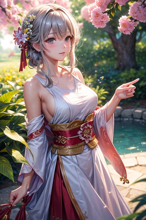 masterpiece、Highly detailed CG unified 8k wallpaper、1girl、beautiful、real、blurry、blurry_background、blurry_foreground、branch、梅のflower、depth_of_field、flower、gem、nose、Realistic、solo、Miko costume、Hide fingers、Hide arms、just wear a bra