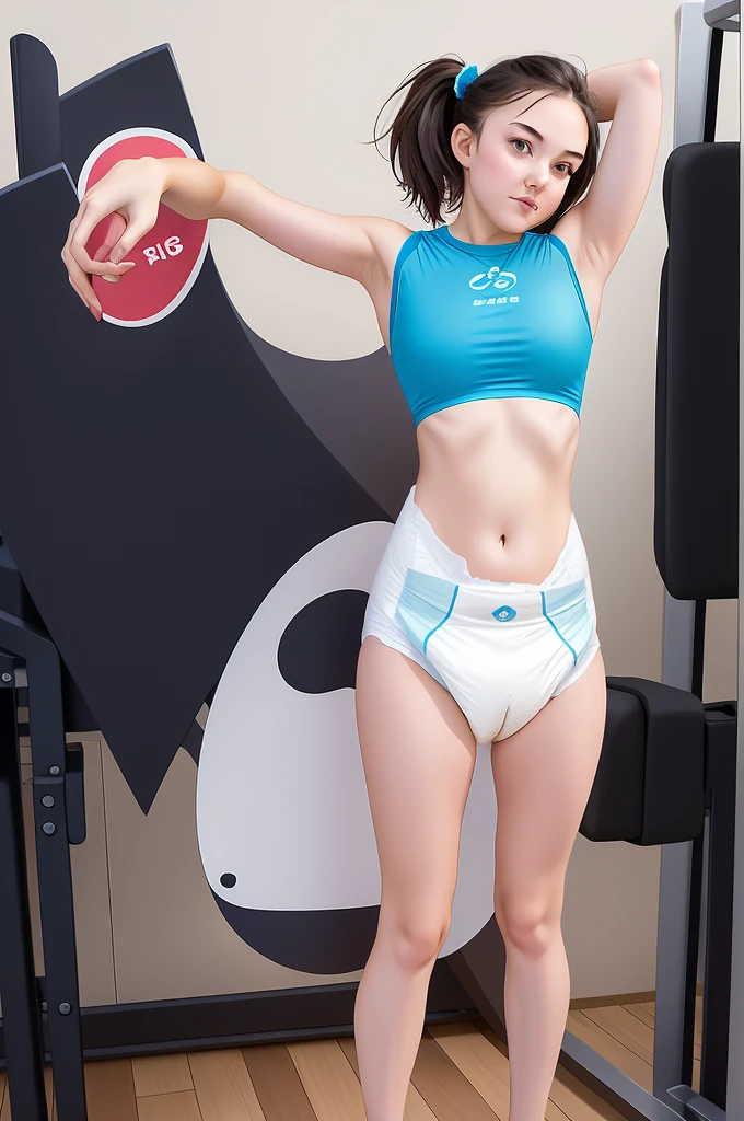 1girl, 18 years old, leotard, gym studio, diaper, pampers pattern, looking to camera,, front view, front, full body shot