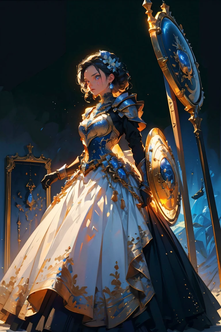 masterpiece, glowing,1 woman, wrenchelegadome, hair ornament, jewelry, armor, warrior, holding large shield