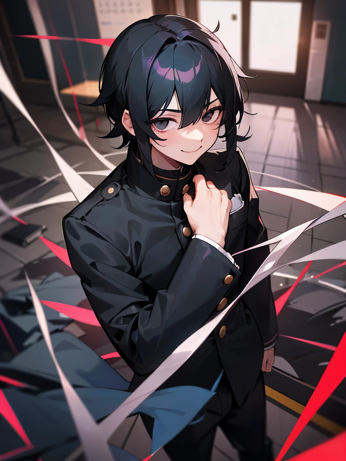 boy、high school student、black eye、long sideburns、Yandere、smile、black hair、black eyes、Gakuran with buttons、black pants、smile、真っblack eyes、inside the school、night school、thin eyebrows、have a box cutter、1 person、Creepy、dark、classroom
