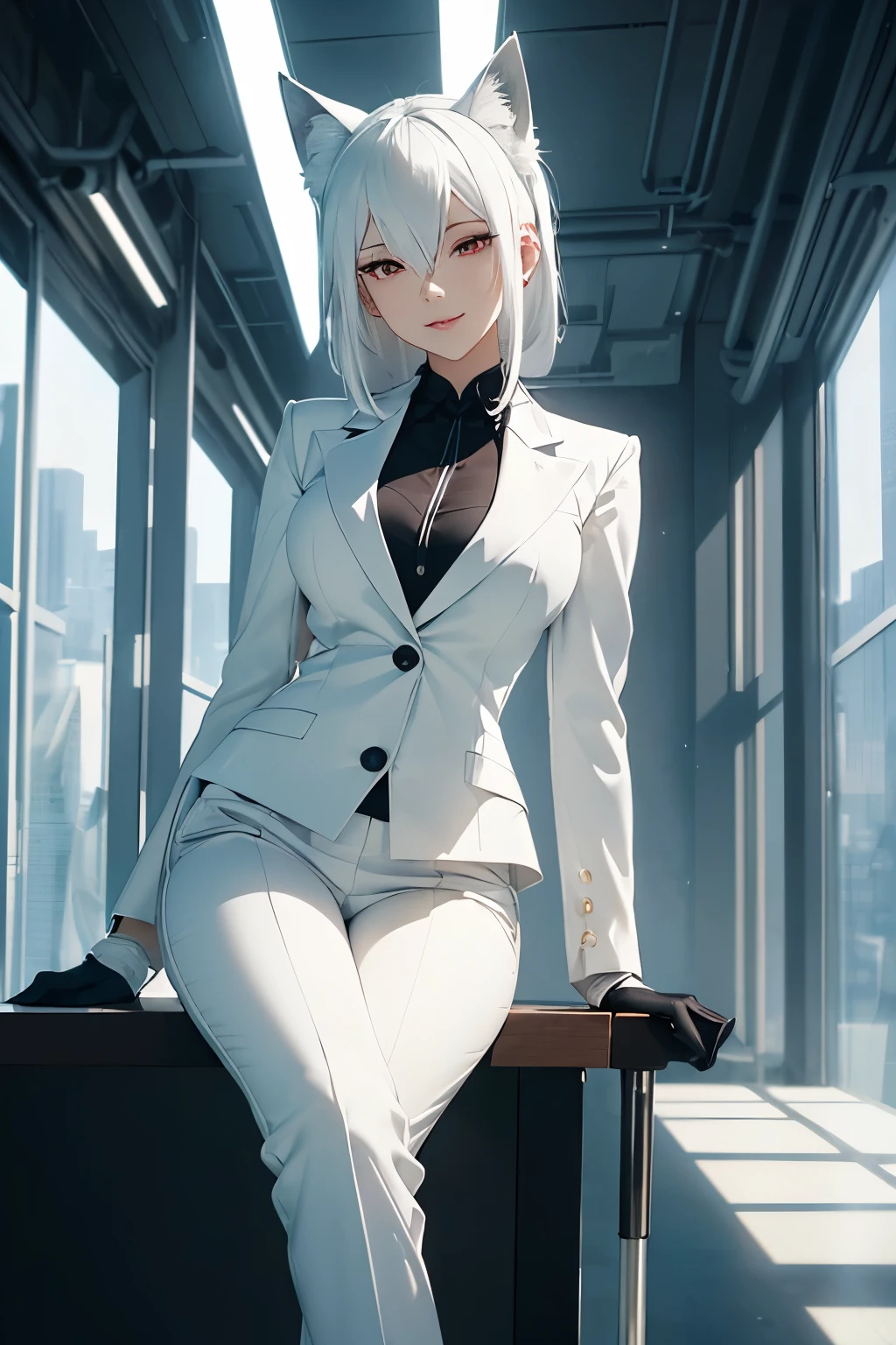 Masterpiece, top quality, SFW, (sitting in a futuristic office),
Mature fox girl, white hair, ((formally dressed in a black blazer and trousers, wearing white gloves)),
Confident smile, red eyes, making (eye contact),
Soft lighting, intriguing perspective,
Beautiful and detailed, play of light and shadow,
Detailed background of advanced technology and sleek machinery.