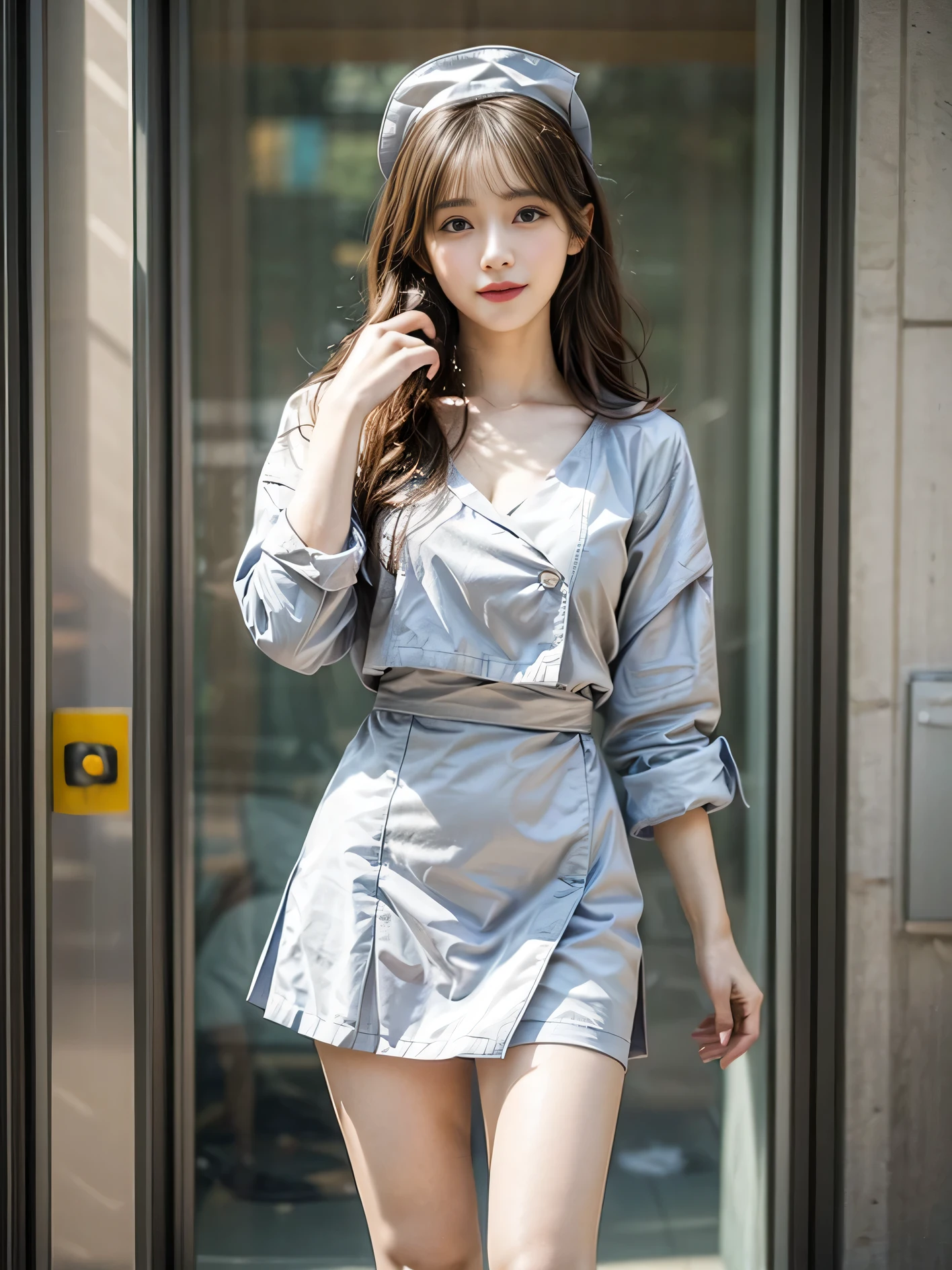 1 girl，20 years old, 170cm tall、Physical coordination、Proportions are well-proportioned、standing beside window，Bright backlight, alone, {Beautiful eyes details 1.3）（round eyes：1.8） , Highly detailed facial and skin textures, Natural and soft light, dark brown hair，natural drape, Exquisite facial features, blunt bangs, beautiful korean girl, Eyes are bright, happy smile 、(She is wearing a pure white nurse uniform:1.3)、(She is wearing an exquisite miniskirt:1.3)、Wearing red high heels，hands in pockets、E杯、Realistic cleavage，film grain，full-body shot，long legs，masterpiece, best quality, light, Super detailed,, ultra high resolution, 8k wallpaper, Perfect dynamic composition, Exquisite facial features，It's a perfect face,Facing the peak of sexual arousal, looking at the audience，hair natural，clavicle，Ultimate light and shadow，(Skin texture is extremely delicate1.3), (Perfect details: 1.1),Looks a lot like actor Zheng Shuang，