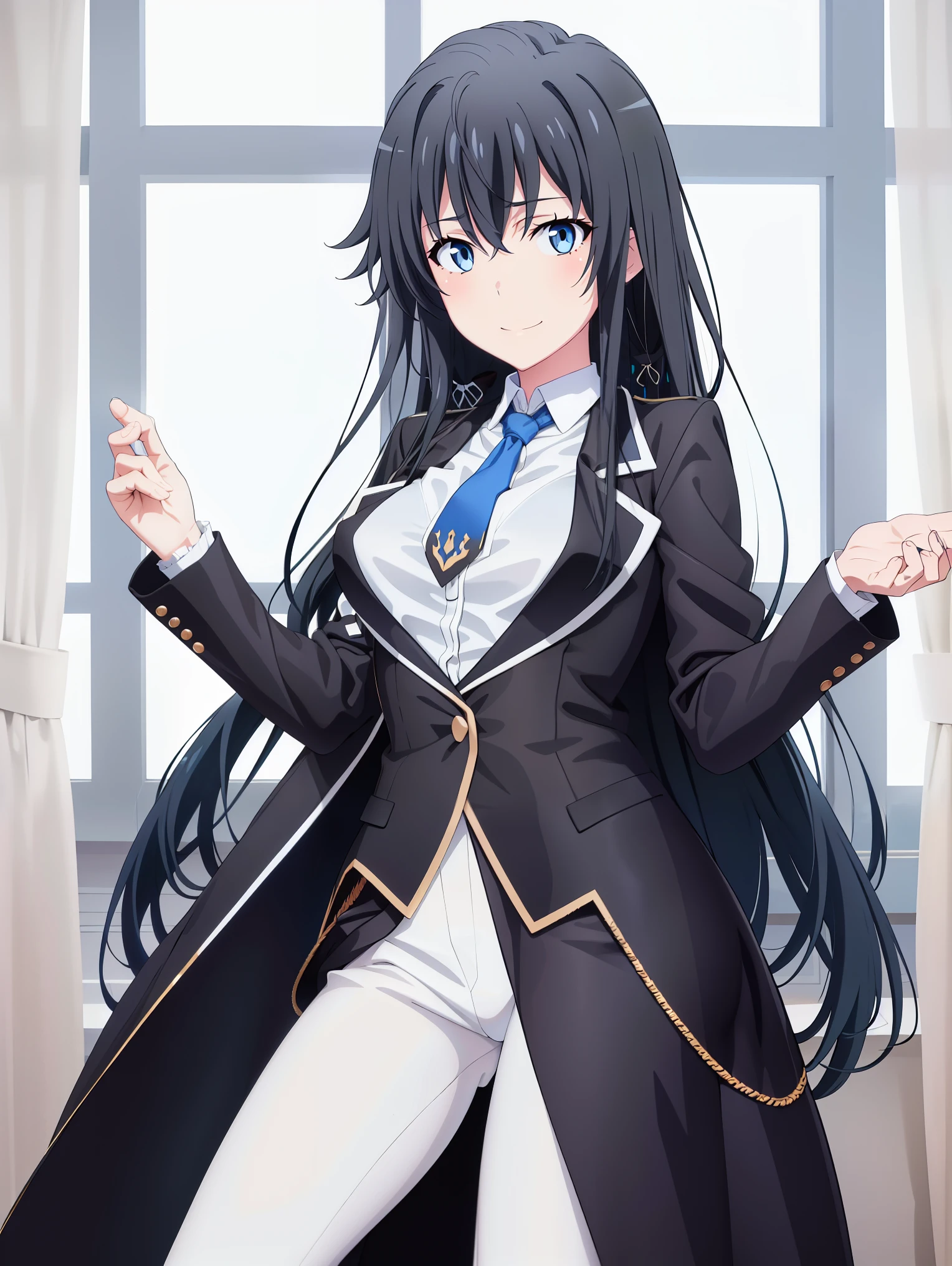 ((best quality)), ((masterpiece)), (detailed) 1girl 1girl, ;\), blurry, blurry_background, breasts, , hair_long looking_at_viewer, ok_sign, open_hand, Yukinoshita Yukino ,Woman wearing formal clothes, An attractive coat stands in a large gap in the room , 1girl, 独奏, blue necktie, Black hair, eyes blue, long hair, smile , collared shirt, white pants, white shirt , Elegantly designed coat , Stand in front of a window ,Perfectly tailored tailcoat. It has a stunning Victorian design and is made of lustrous fabric