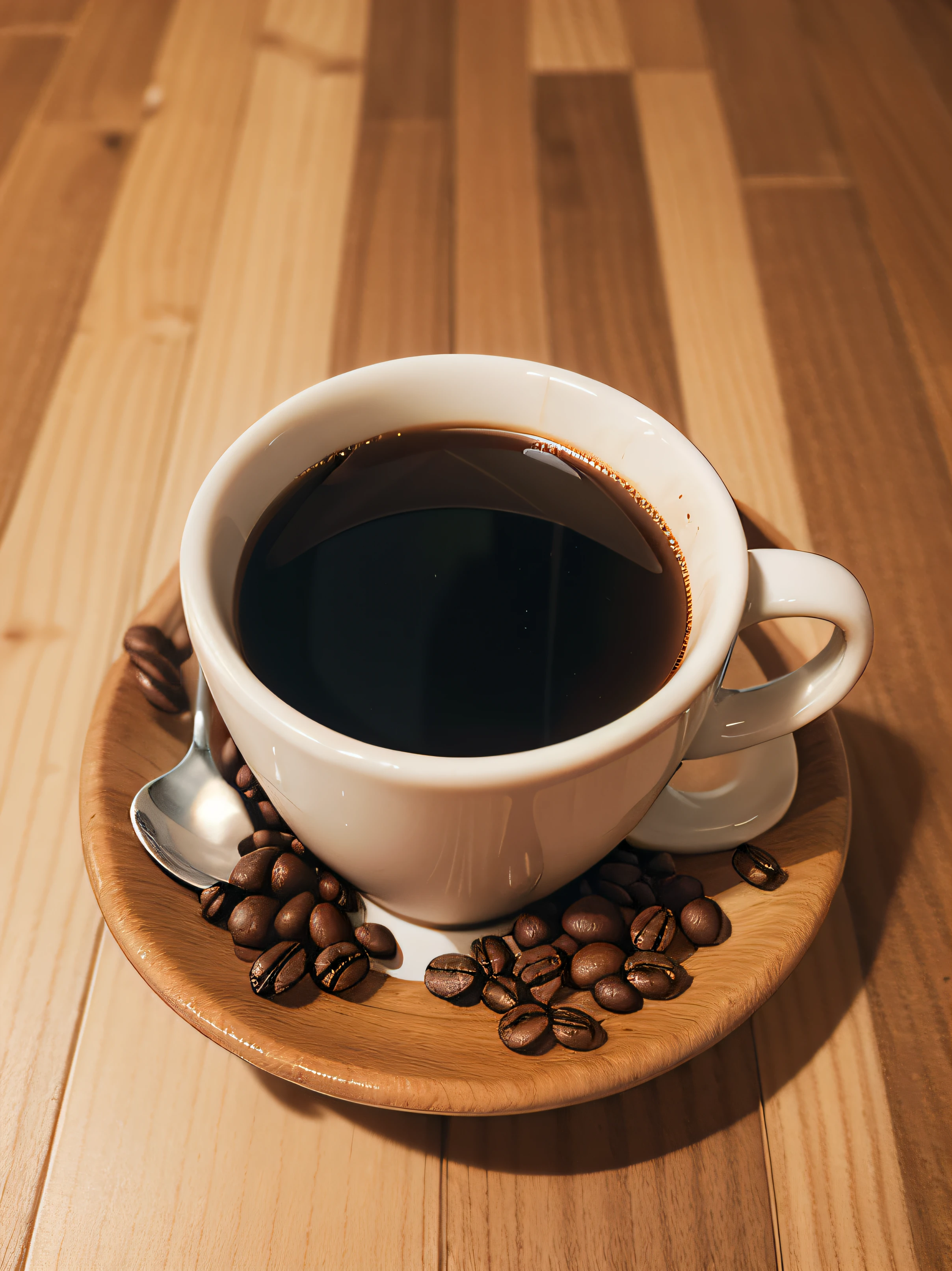 A collection of several coffee beans and a cup of coffee on a wooden background, estilo: flat lay --ar 3:2, foto realismo, obra prima, melhor qualidade