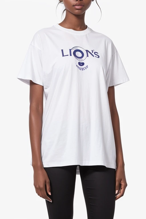 There is a Logo with moon and lady’s hair. This logo is printed on oversized white t-shirt, a Girl wears this oversized t-shirt.