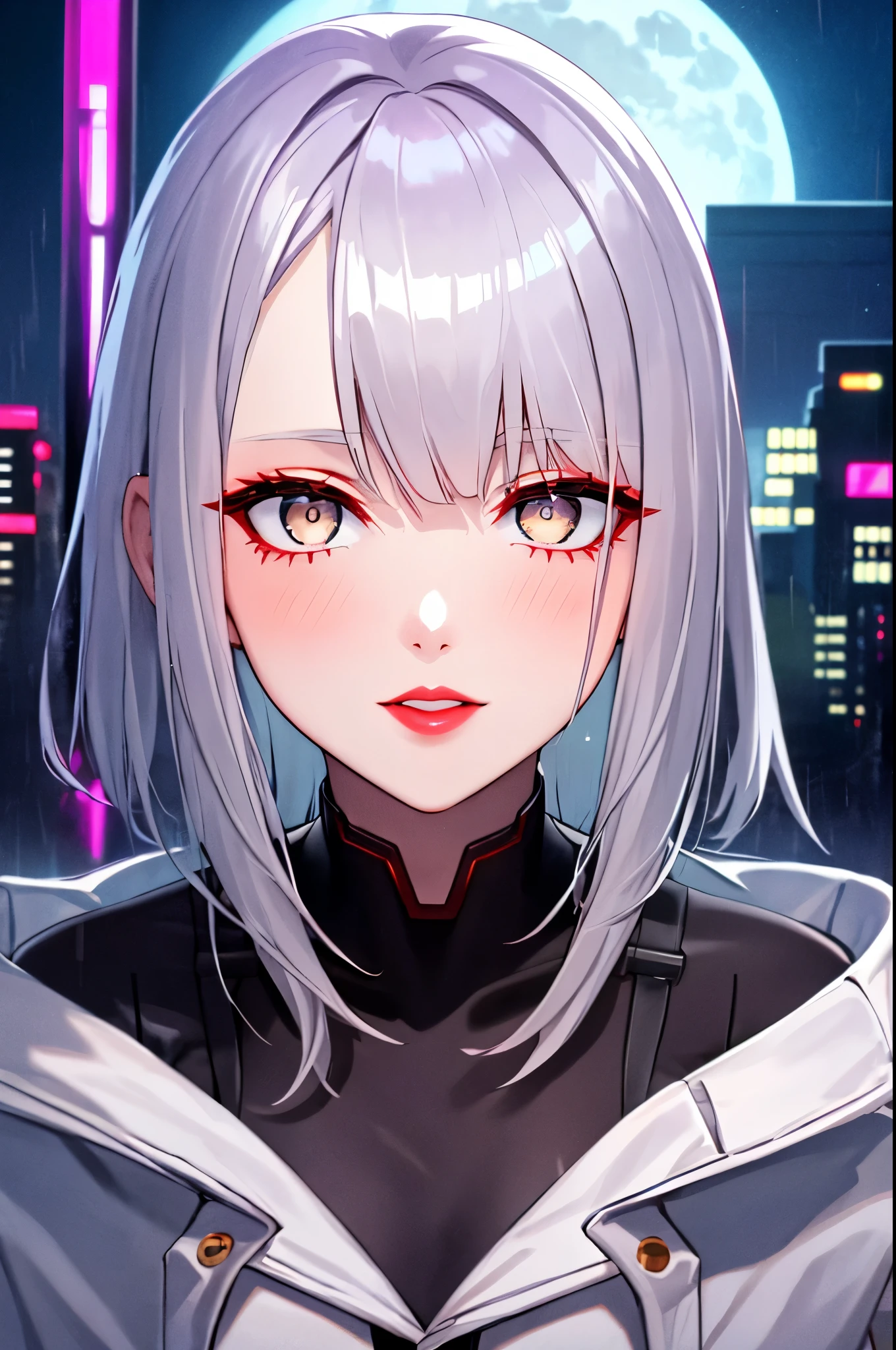 Lucy \(cyberpunk\), 1 girl,  Hair ring, Ji Qie, silver hair, colored tips, full moon, gray eyes, jacket, long sleeves, looking at the audience, medium hair, colorful hair, parted bangs, open lips, pink hair, portrait, red eyeliner, red lips, alone, white jacket, cyberpunk \(series\), rainy night in a cyberpunk city with glowing neon lights

 