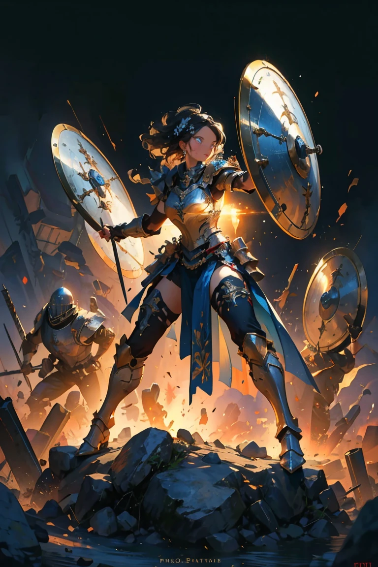 masterpiece, glowing,1 woman,  wrenchelegadome, hair ornament, fighting stance, in the middle of battle, armor, warrior, holding large shield