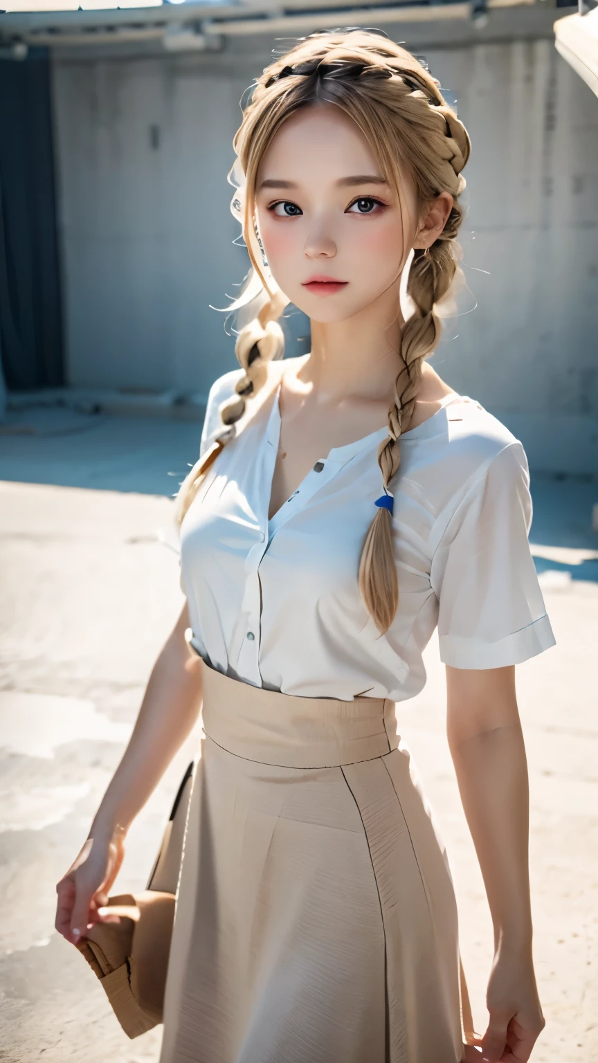 one woman、cute face、Rin々new expression、Japanese、Japanese、、gray eyes、beige hair、french braid、１６talent、white shirt、デニムのlong skirt、long skirt、random pose、(((photography studio、concrete background、perfect lighting、professional photographer、50ｍｍlens)))、highest quality、ultra high resolution、master piece:1.3，８ｋ、Precise finish、unreasonable