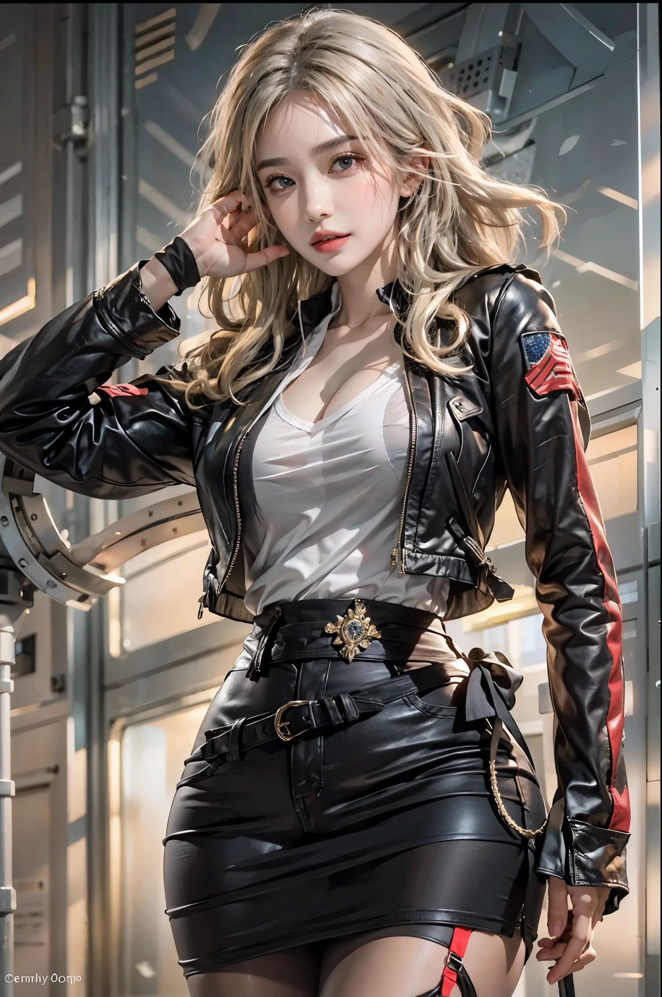 realistic, High resolution, soft light,1 female, alone, hip up, glowing skin, (detailed face),tattoo, jewelry, Bizarre uniform, black stockings, garter belt, night, blonde hair, wavy hair, Beautiful Soldier, Eyes that invite the viewer, lover's perspective, an inviting look, sexy smile, perfect style, perfect balance, fine skin, naughty look, I can see your chest