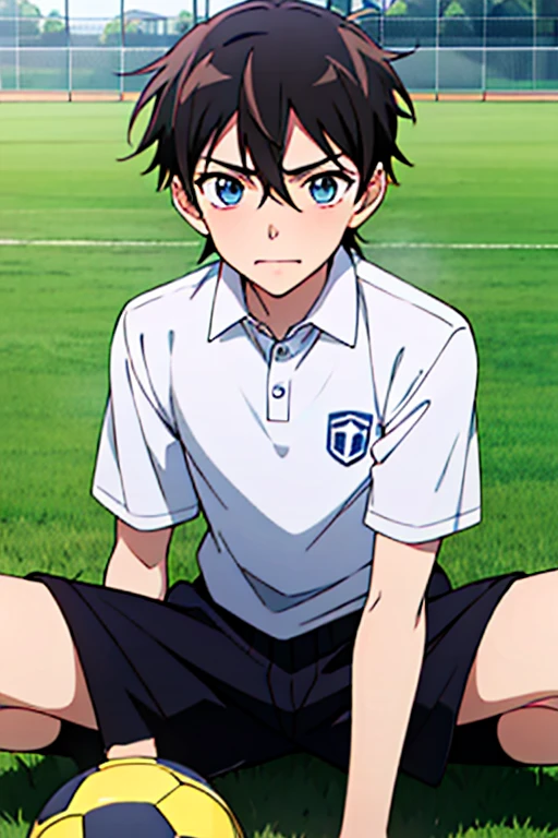 ((masterpiece)),((highest quality)),super detailed,enlightenment,wallpaper,perfect lighting,colorful,ultra high resolution,4K,photograph,anime coloring book,1 boy, soccer ball, ball, closed mouth, sportswear, short hair, Gray hair, holding, shirt, alone, hair between eyes, bangs, collared shirt, soccer, white shirt, holding ball, brown hair, blue eyes,official style,anime screenshot,outdoor,Grass原,whole body,soccer field, Grass, soccer goal,spread legs,(((Being aware of the sexual gaze of middle-aged gay men)))、Service Shots、