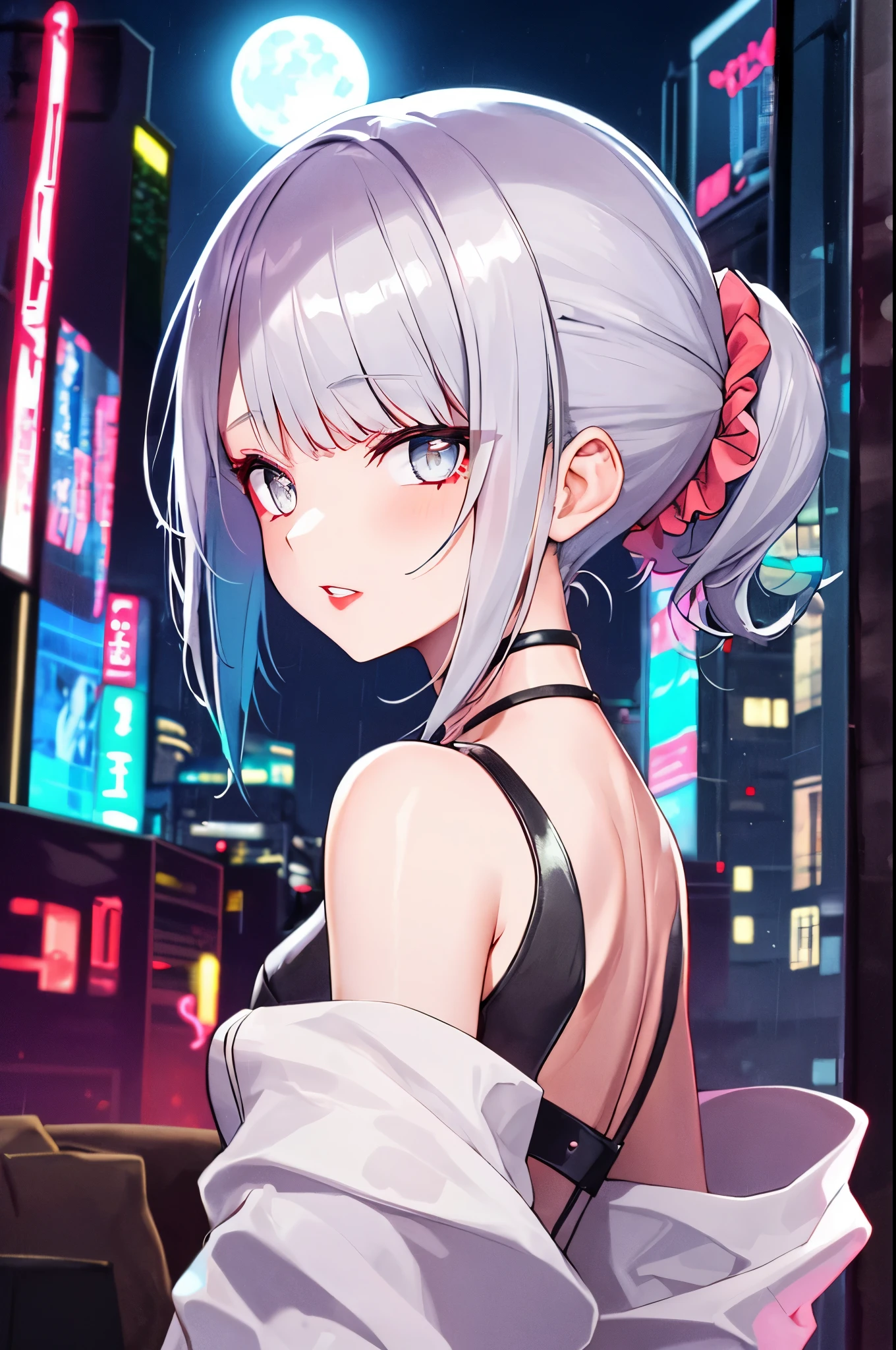 lucy \(cyberpunk\), 1girl,  hair scrunchie, hime cut, silver hair, colored tips, full moon, grey eyes, jacket, long sleeves, looking at viewer, medium hair, multicolored hair, parted bangs, parted lips, pink hair, portrait, red eyeliner, red lips, solo, white jacket, cyberpunk \(series\), rainy night in a cyberpunk city with glowing neon lights

 