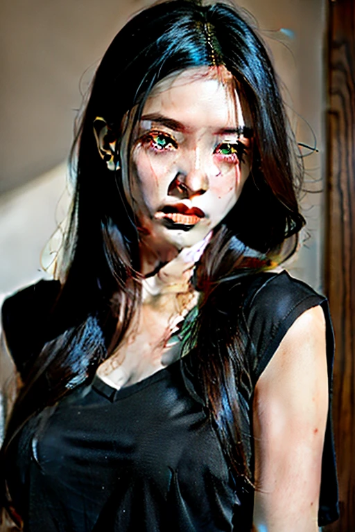 1 girl, black clothing, long black hair, green eyes, frowning face