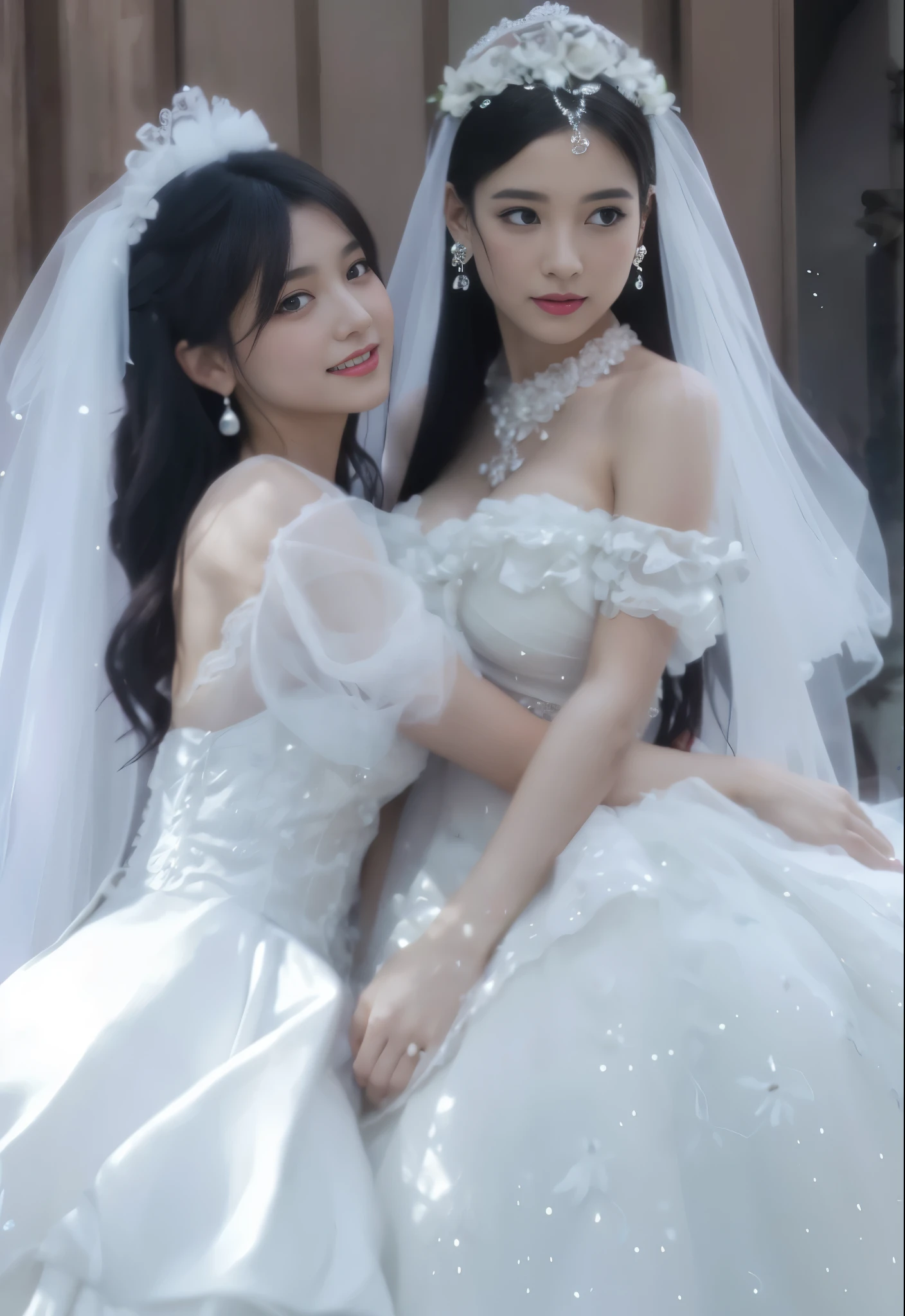  2girls,Close-up of beautiful bride in bridal dress,Gurwitz，Blushing face，Head flower，headgear，（tube top wedding dress：1.5），（silk dress：1.2）,（strapless wedding dress：1.5）,pure white dress，necklace，earrings,(large breasts:1.3)，Neck ornaments，Deep V peach heart collar wedding dress，Bangs，Bouquet，lipstick，（White long elbow gloves：1.3），(Bridal veil:1.2），（Transparent short veil：1.2），Bust photo,High detail RAW color art,Tyndall phenomenon,front，Half body