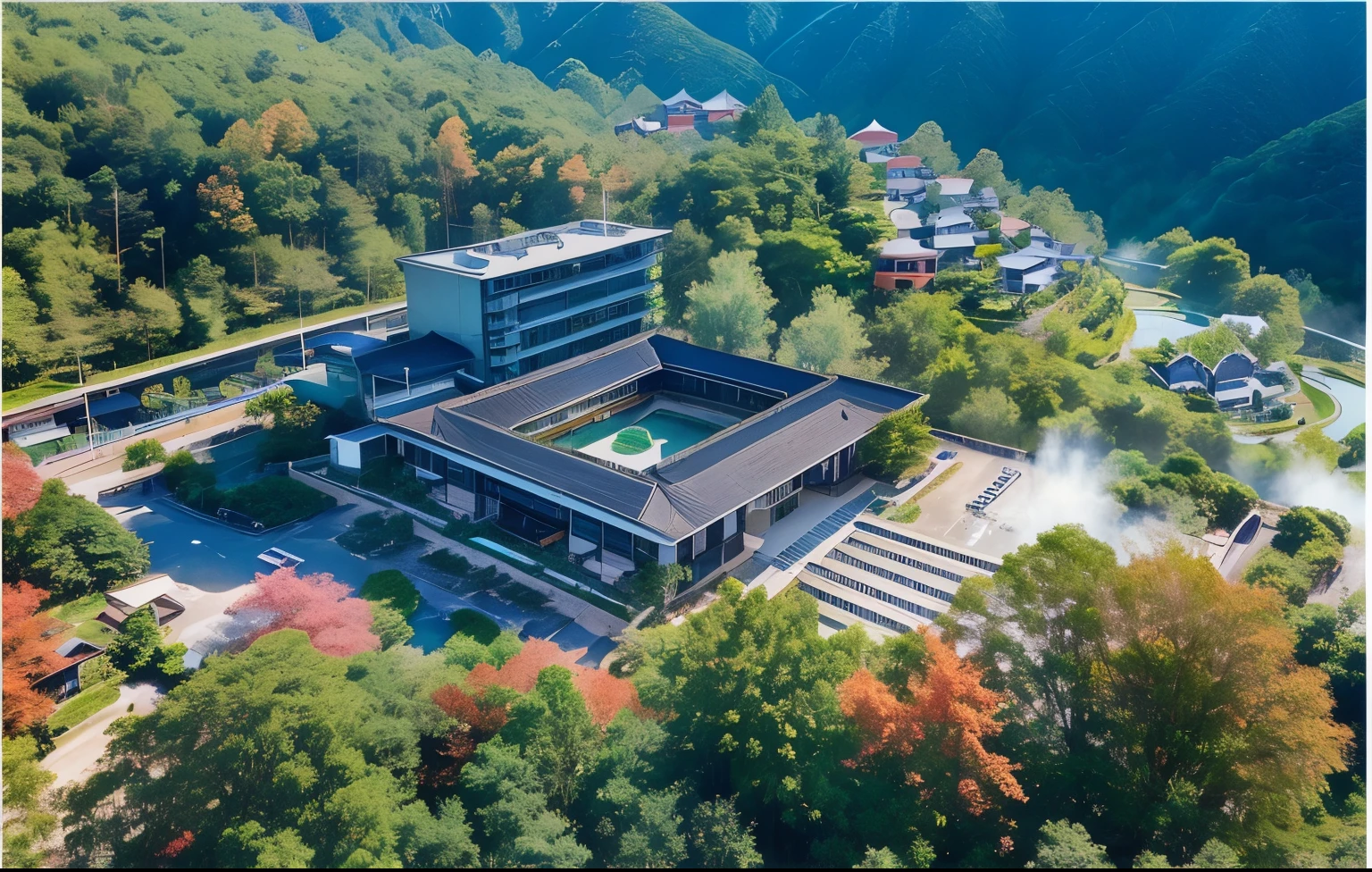 aerial view of a building surrounded by trees and a road, view from above, ( visually stunning, photograph from above, seen from above, photo taken from above, college, guangjian, shot from above, top - view, shot from drone, photo from above, school, above lush garden and hot spring, peak experience ”, shot from a drone, middle shot