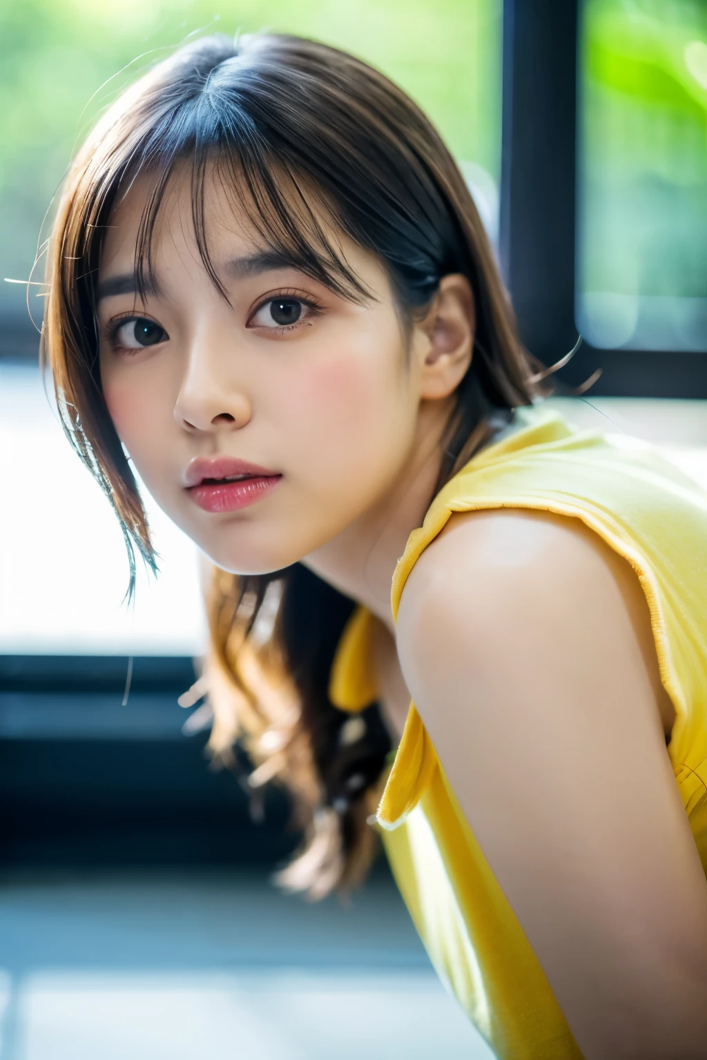 (8K, RAW photo, highest quality, High resolution:1.1), (hyperrealistic:1.4),(realistic, photorealistic:1.3), soft light,realistic face,realistic body,realistic skin,disorganized,masterpiece,(cute:1.8),(leaning forward:1.8),(From above:1.2),(close:1.4),crawl on all fours,throw,( Detailed yellow loose fitting t-shirt:1.2),(Beautiful breasts:0.9),(long hair,ponytail),(big:1.2),cleavage,fine black eyes,innocent eyes,droopy eyes,Watery eye,open lips,blush,good style,colorful lights,film Grain,close,look viewer,full Body,Depth of field, blurred background,Eye focus,young,85mm lens, f/ 1.4,professional lighting,portrait,photon mapping,radio city,Physically based rendering,Transparency,Day本の女の子,Day,Sunny,outdoor