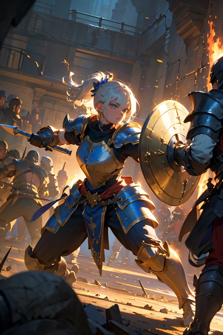 masterpiece, glowing,1 woman,  wrenchelegadome, hair ornament, fighting stance, in the middle of battle, armor, warrior, holding large shield