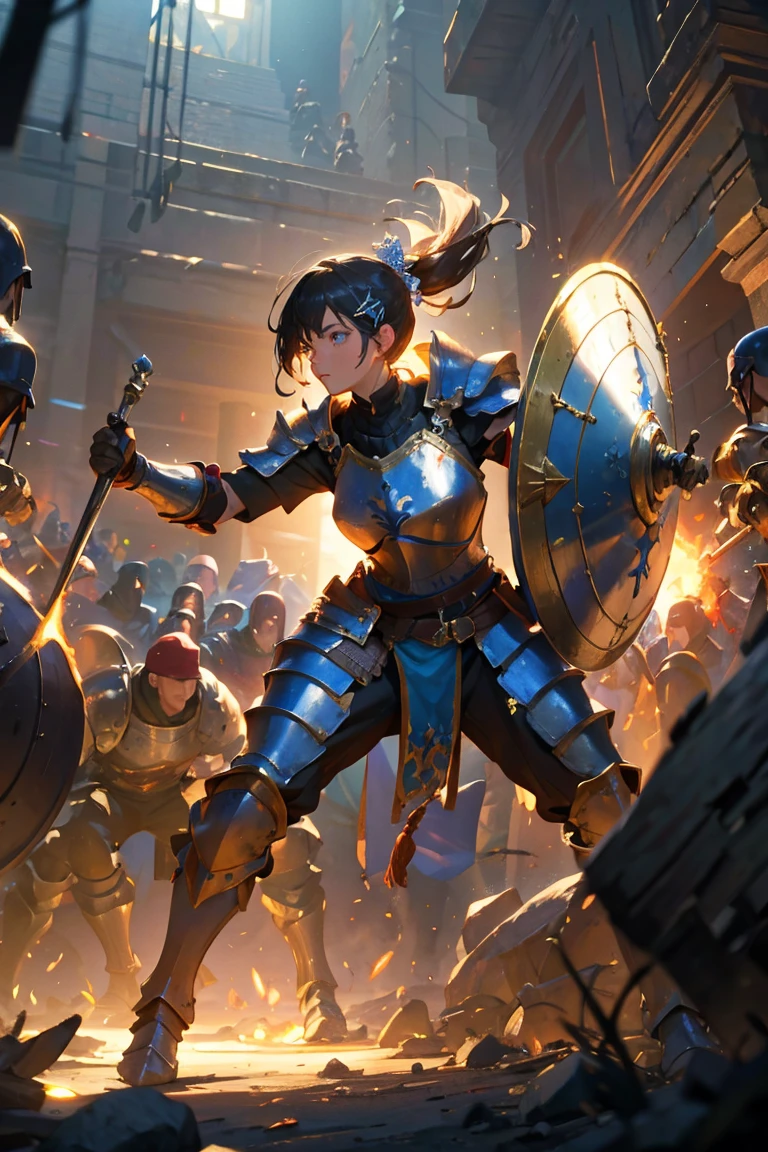 masterpiece, glowing,1 woman, wrenchelegadome, hair ornament, fighting stance, in the middle of battle, armor, warrior, holding large shield