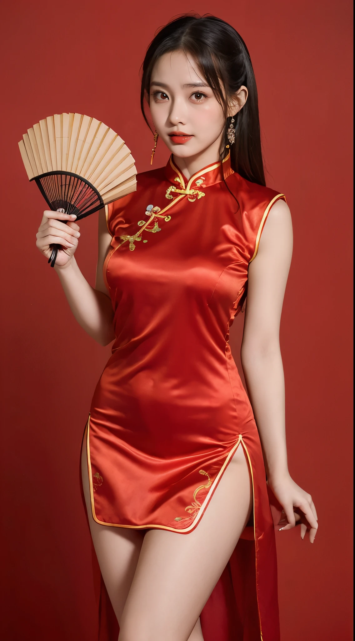 SEX BIG BOOB with full body Photo beautiful young asian woman with clean fresh skin wearing traditional cheongsam qipao dress holding fan posing on red background portrait of female model in studio happy chinese new year