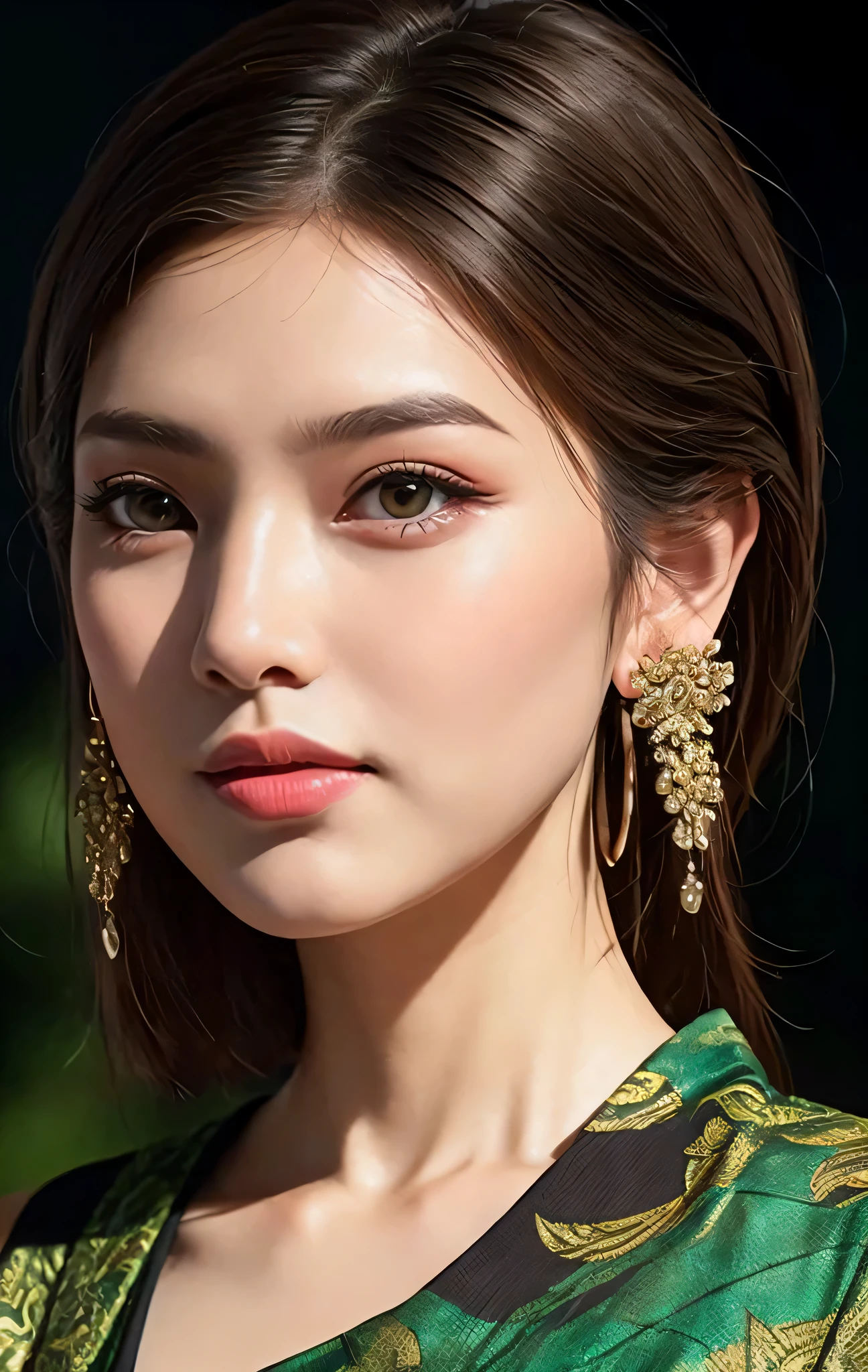 ((Perfect crazy texture)), ((Perfectly proportioned object architecture)), ((perfect photo)), ((Super exquisite)), ((best quality)), ((masterpiece)), (Big ), (detailed), (whole body), (stand tight), (wear high heel shoes), (perfectly proportioned face), Perfect bright beautiful face, Have perfect dark green eyes, Bright makeup, earrings on her ears, standing wear high heel shoes, Wearing a long Balinese batik sarong. and wearing traditional Balinese kebaya costumes, The face is soft and detailed, perfect composition, Nature, Surreal, photorealism, complex detailed, insanely detailed, hyper detailed, Popular topics on Artstation, sharp focus, Studio photos, complex details, highly detailed, symmetry, complex, Volumetric lighting, beautiful, rich deep colors masterpiece, sharp focus, ultra detailed, background in the beautiful mountain landscape, Wide angle lens shooting
