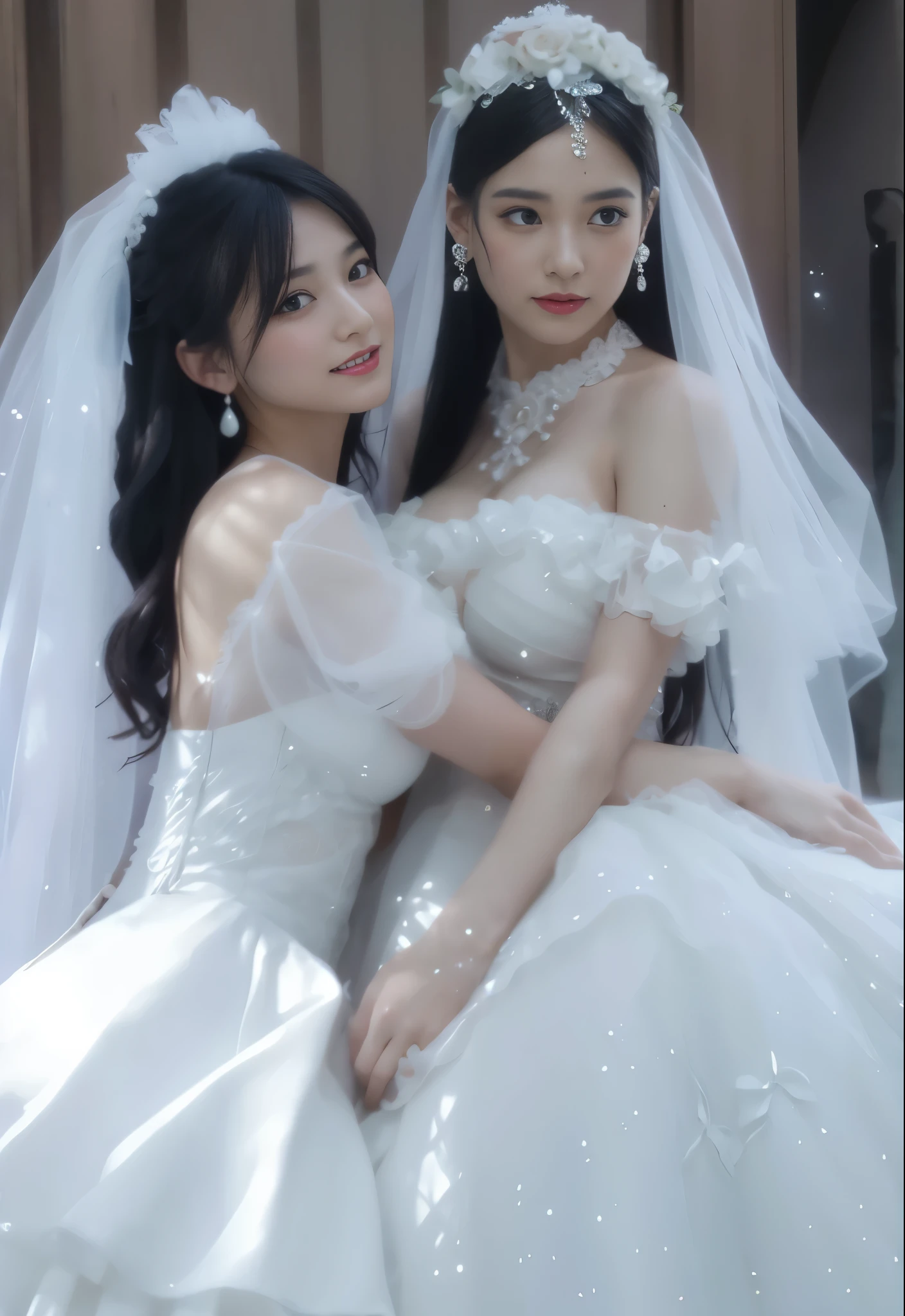 2girls,bride，Shut up，embrace，Gurwitz，black hair，makeup，(bride頭紗:1.5），（short sheer veil：1.5），Blushing face，Head flower，headgear，（tube top wedding dress：1.5），（Silk dress：1.2）,（Strapless wedding dress：1.5）,Bouquet,pure white dress，necklace，earrings，(large breasts:1.3)，Deep V peach heart collar wedding dress，Bangs，lipstick，（lace gloves：1.3）,Bust photo,High detail RAW color art,Tyndall phenomenon
