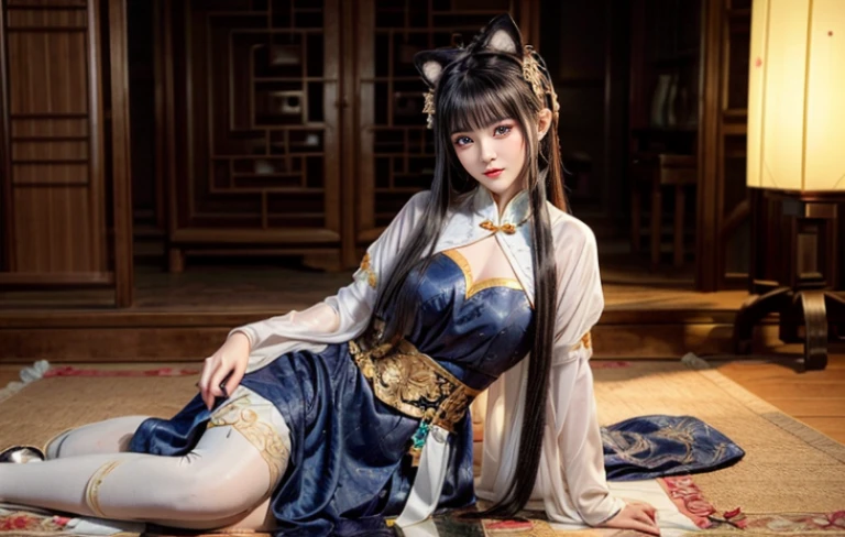 Cat-eared lady，Cute cat lady，Cat lady girl，Daji，Sun fire symbol on forehead，Chinese girl，Shang Dynasty Clothing，Exquisite clothing，The costumes are detailed and complete，slim body，Natural expressions，Soft light and shadow，The proportions of the characters are reasonable，Normal human eyes，Eyes are delicately drawn，Delicate facial details，Detailed sculpting of upper body，Attention to detail，The texture is delicate，vivid emotional description，meticulous detail。