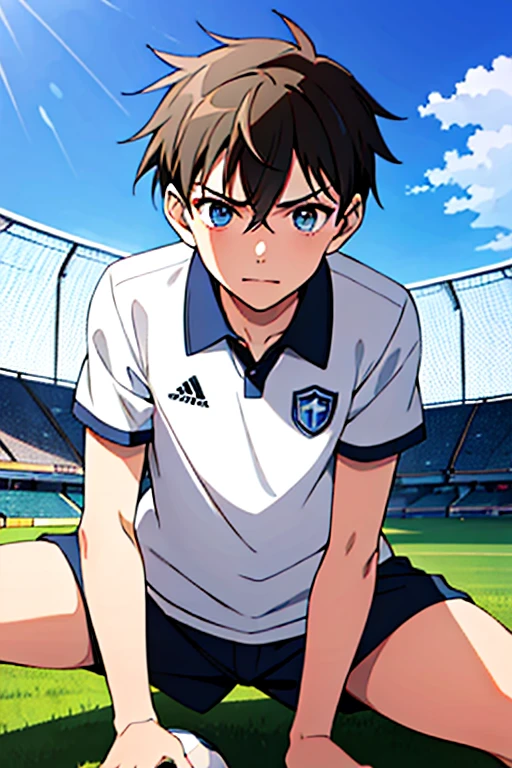 ((masterpiece)),((highest quality)),super detailed,enlightenment,wallpaper,perfect lighting,colorful,ultra high resolution,4K,photograph,anime coloring book,1 boy, soccer ball, ball, closed mouth, sportswear, , holding, shirt,  (short hair, Gray hair、Spiky hairstyle)、shiny hair,alone, hair between eyes, bangs, collared shirt, soccer, white shirt, holding ball, brown hair, blue eyes,official style,anime screenshot,outdoor,Grass原,whole body,soccer field, Grass, soccer goal,spread legs,(((Being aware of the sexual gaze of middle-aged gay men)))、Service Shots、, (thick thighs、Seduce your big ass to your crotch)、