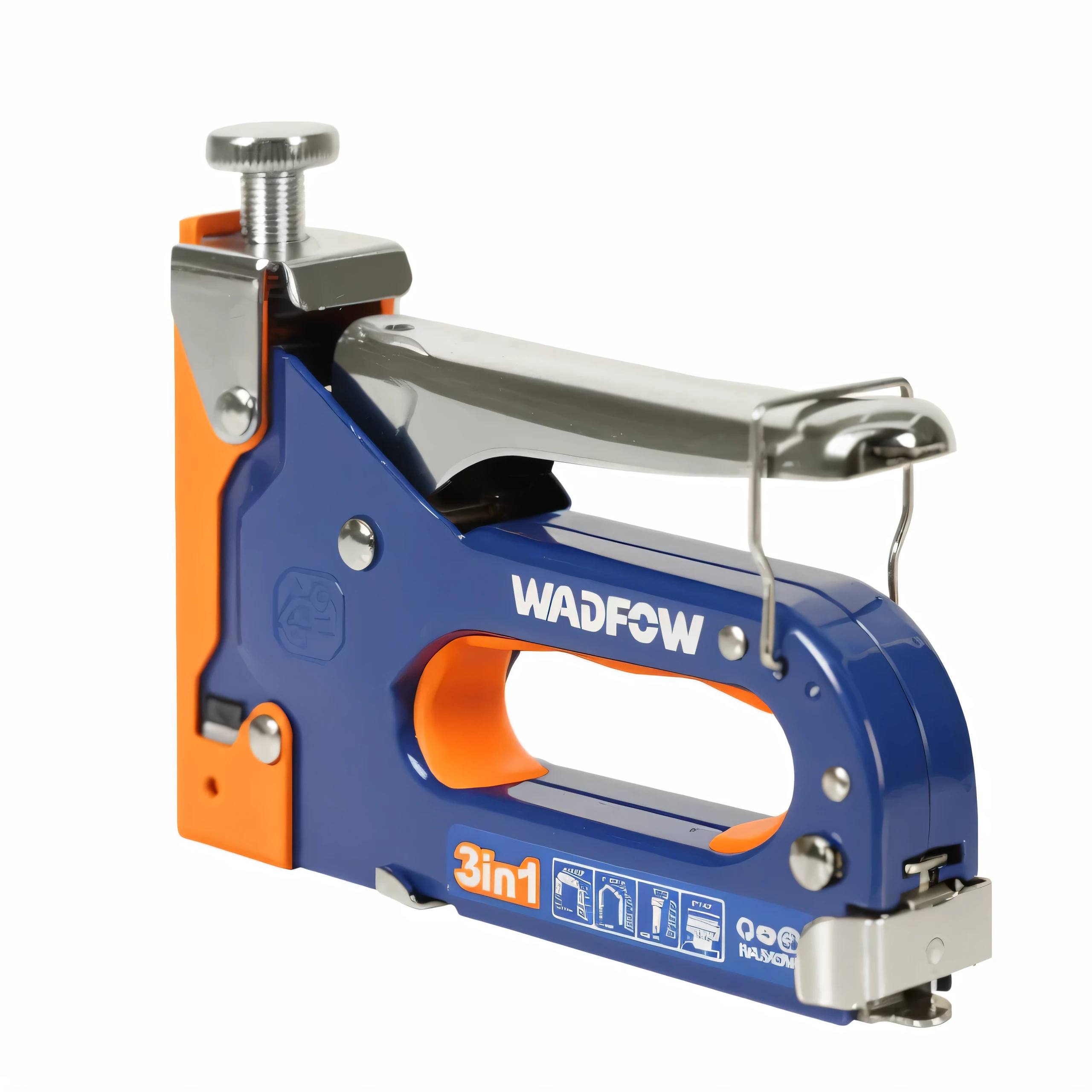 a close up of a stapler with a blue handle and orange handle, viewed from far away, a wide full shot, in a medium full shot, narrow angle, dof narrow, bottom angle, full lenght shot, viewed in profile from far away, wadim, side view, full lenght view, seen from the side, 3 - piece, version 3