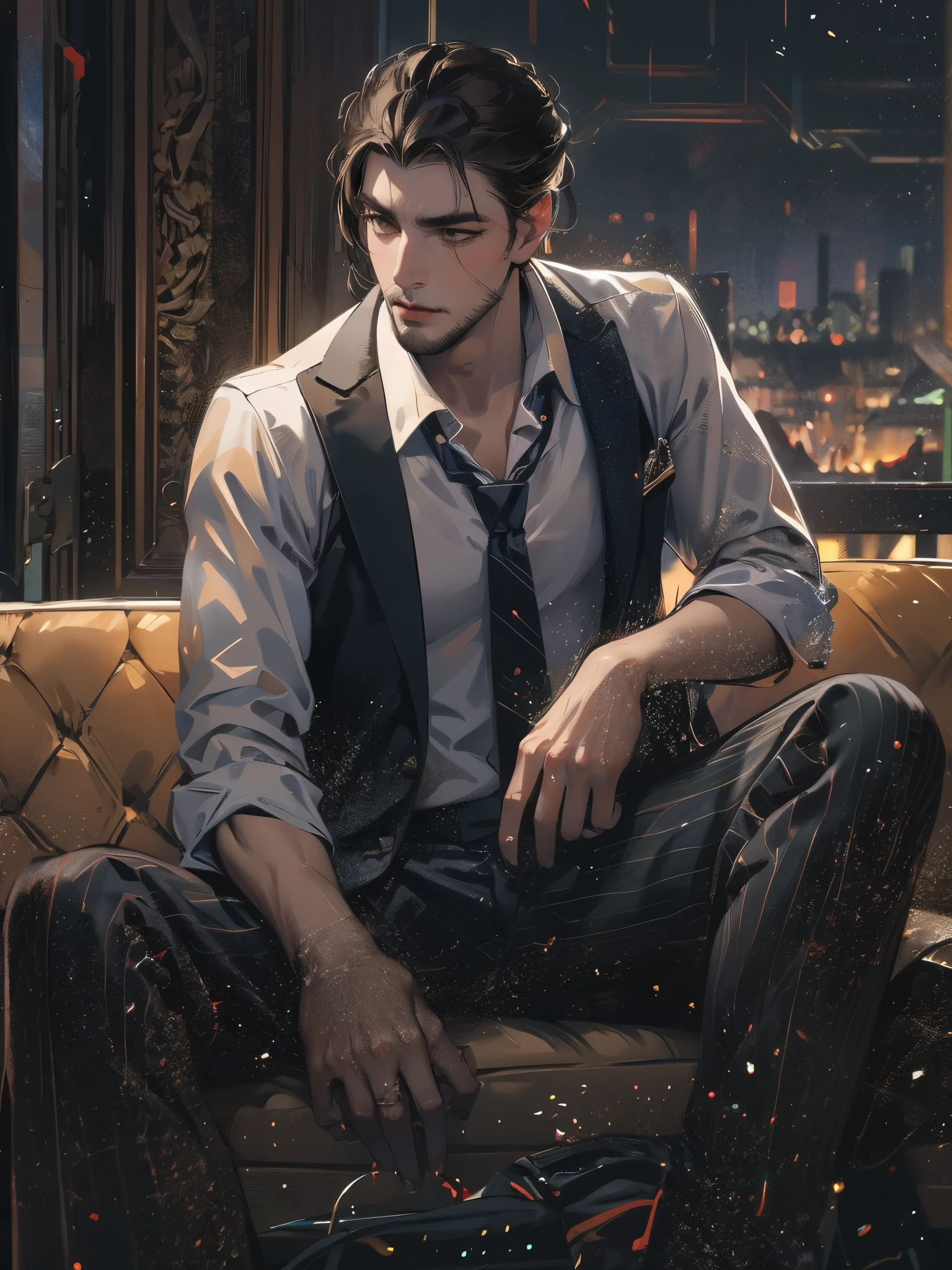 (absurdres, highres, ultra detailed, realistic, ), 1 male, solo, adult, mature, tall muscular guy, ,（sitting on a sofa,cross-legged）, broad shoulders, handsome, very short hair, black hair, brown eyes, angular jaw, thick neck, thick eyebrows, night, dark, the night view of the city background, formal suit, necktie, upper body
