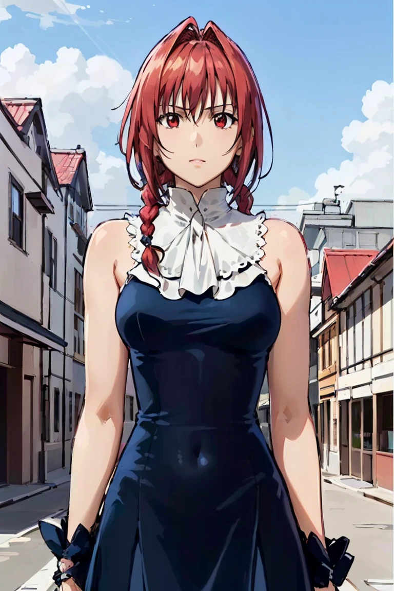 masterpiece, highest quality,High resolution,Dorothy, redhead,red eyes,Braid,  cowboy shot, Composition from the front、upper body up、black dress、manga