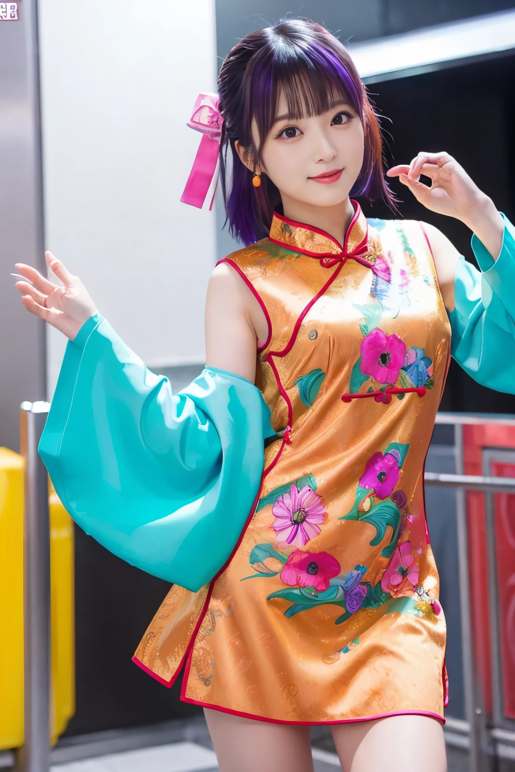 female idol、 colorful mini cheongsam dress、Full body Esbian、、 colorful hair