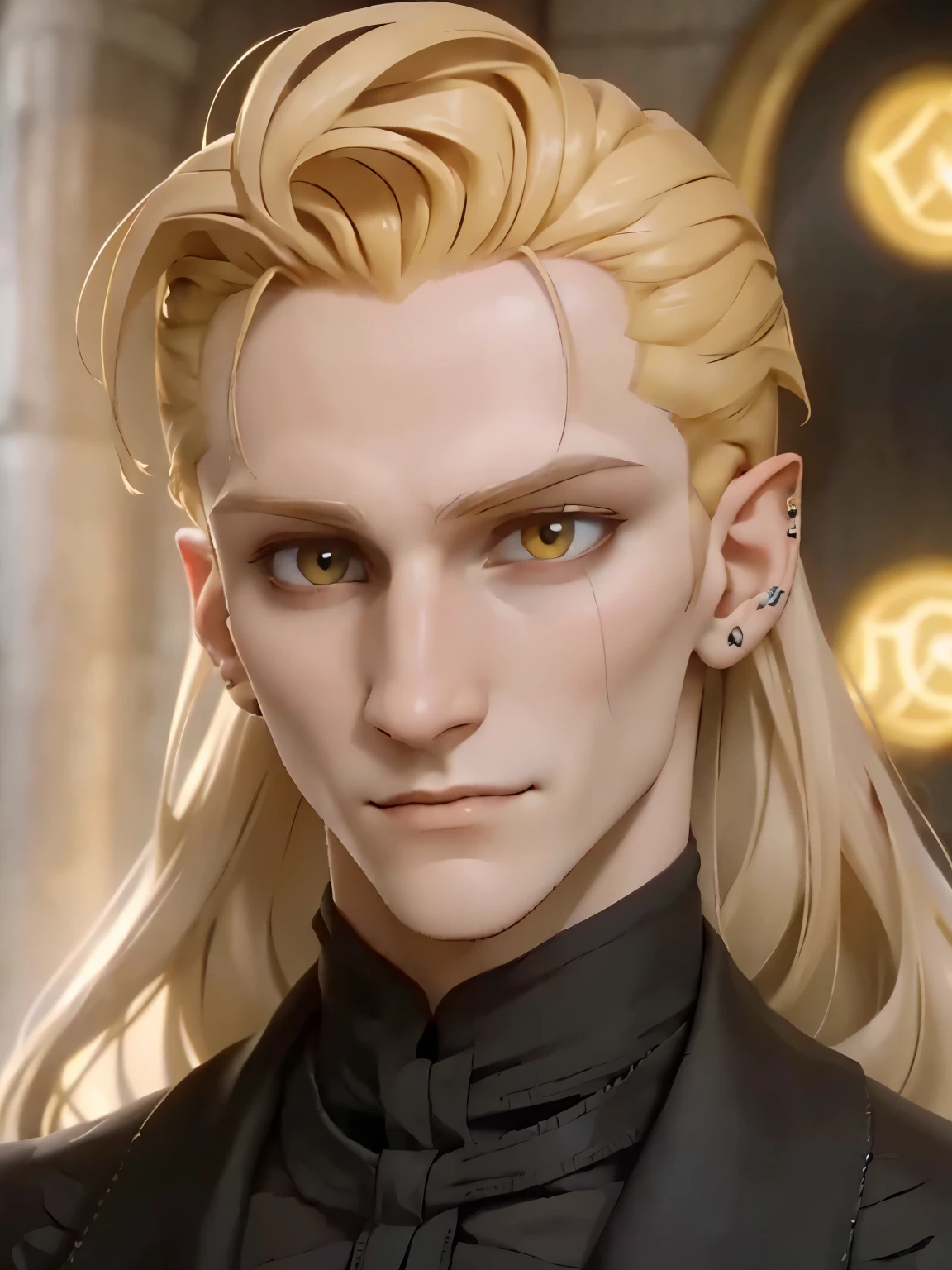 Nikolai has golden hair, shaved on one side and styled on the other, yellow eyes and slightly crooked nose, he has a beautiful face, "outlined by the features of a fairy-tale prince". He is described as extremely charming, handsome and smiling