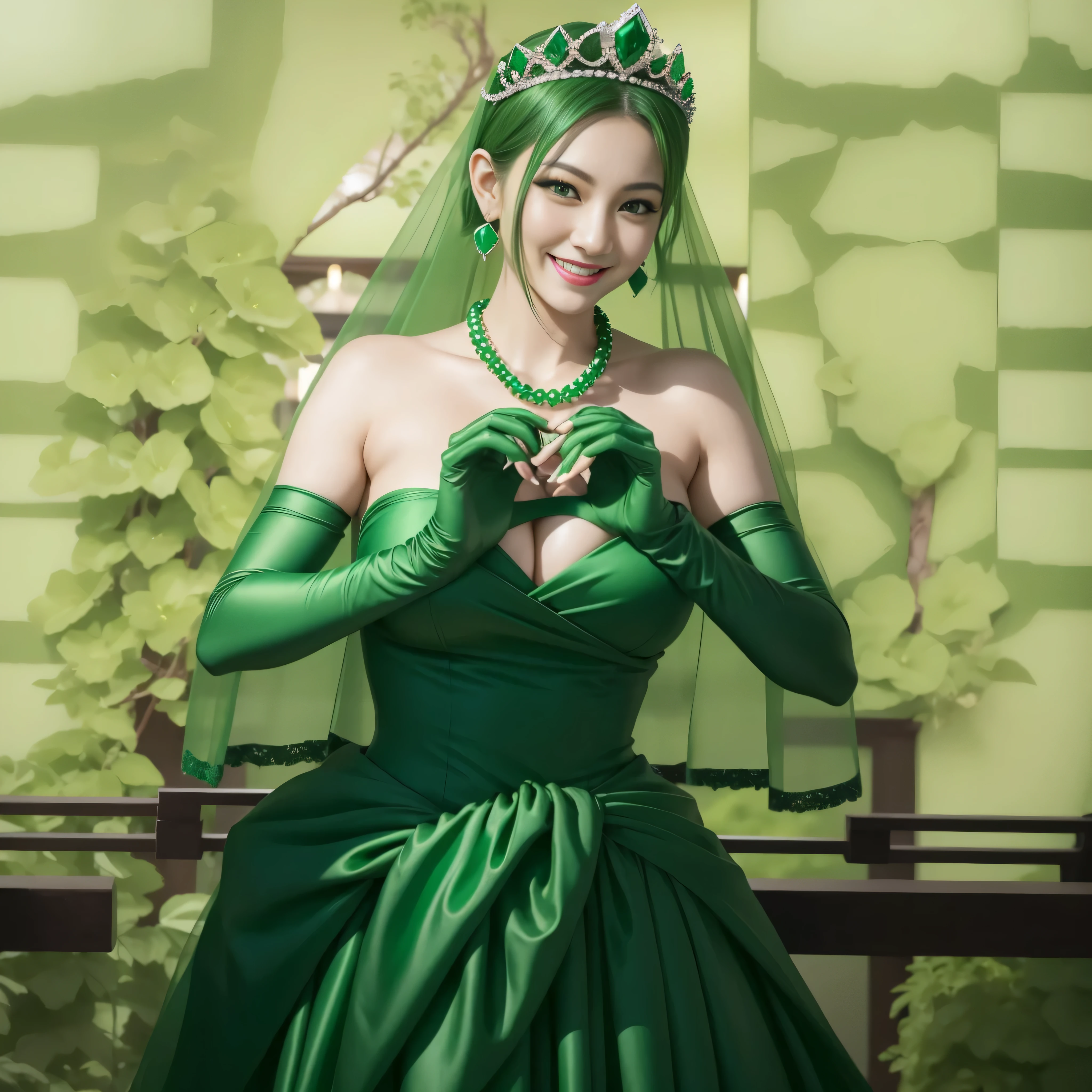 emerald tiara, green pearl necklace, ボーイッシュな非常に短いgreen hair, lipstick, smiling Japanese woman, very short hair, Beauty with large breasts, green eyes, Long Green Satin Gloves, green eyes, emerald earrings, green veil, heart with both hands, green hair