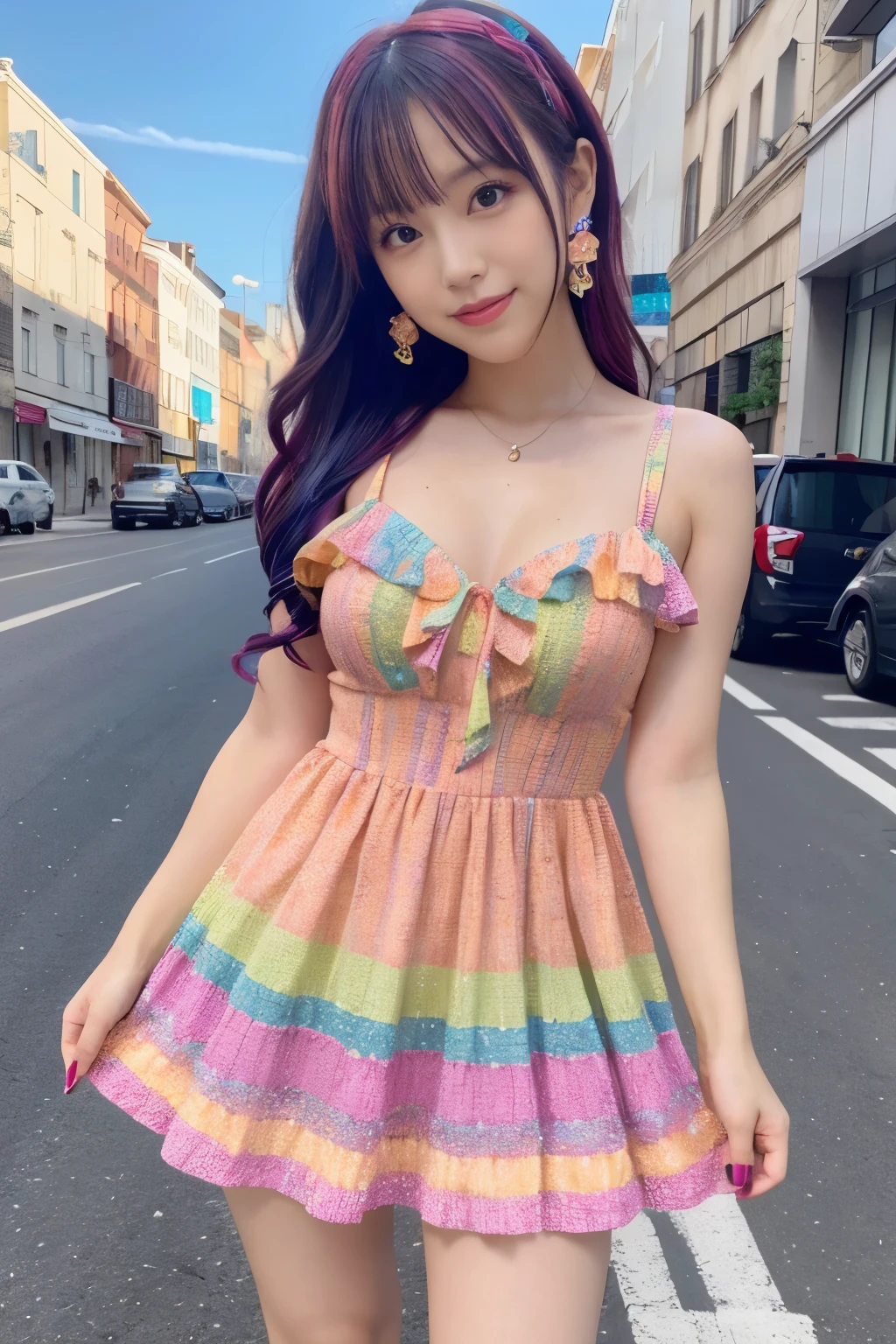 female idol、 Colorful Mini Dress、Full body Esbian、、 colorful hair