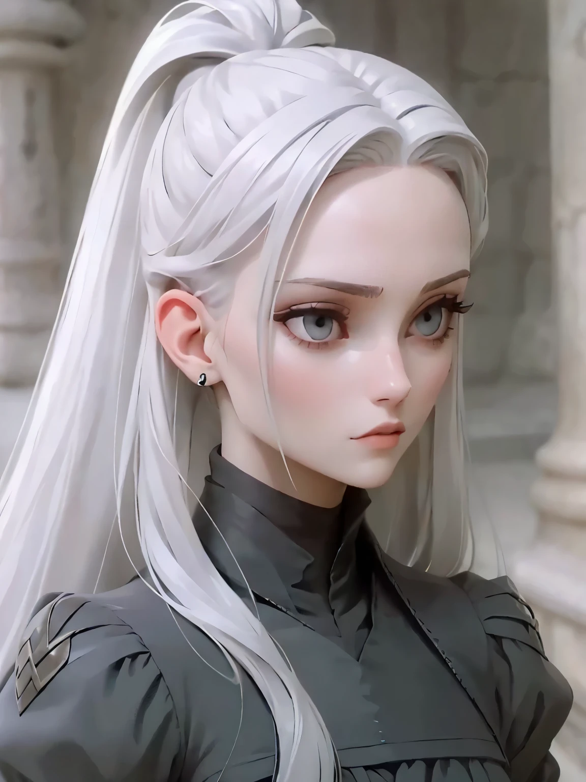 Manon is a young, extremely beautiful girl with fair skin. Long, moon white hair, ponytail and asymmetrical bangs, laid on one side, and eyes the color of pure silver. After meeting her people say, that she is the most beautiful woman, what have they ever seen