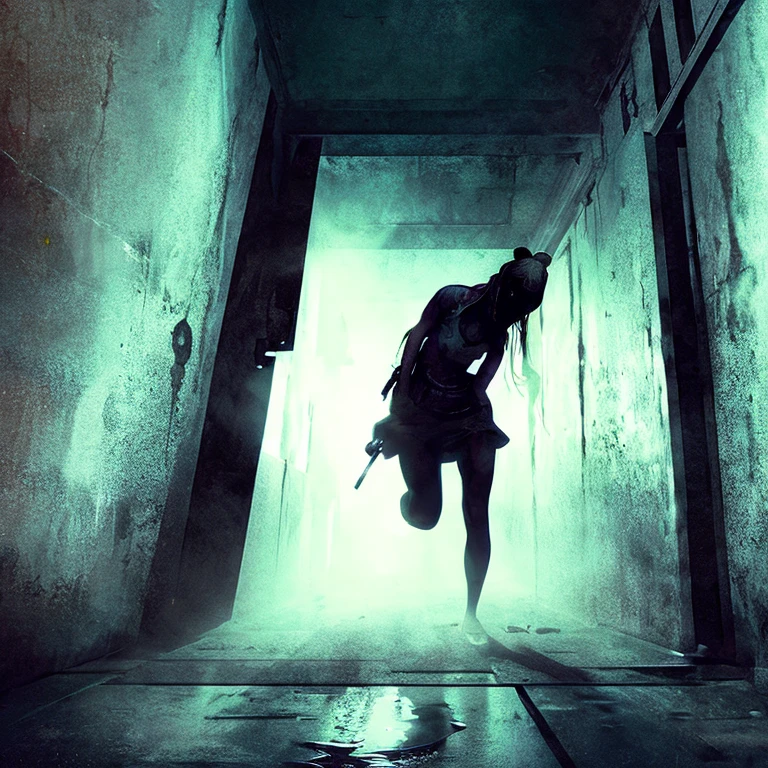 horror art, fear, highest quality, masterpiece, ultra high resolution, (realistic:1.4), 1 girl,  Action shot of I was scared ghost chasing after the viewer, dynamic running, In the dilapidated underground tunnels of hell, spooky, surprise, Concerned, I was scared, 80mm, horror lighting, dynamic action、fog、 dark lighting, I was scaredアート, Poor quality, blood pool、full of blood、Purebred、