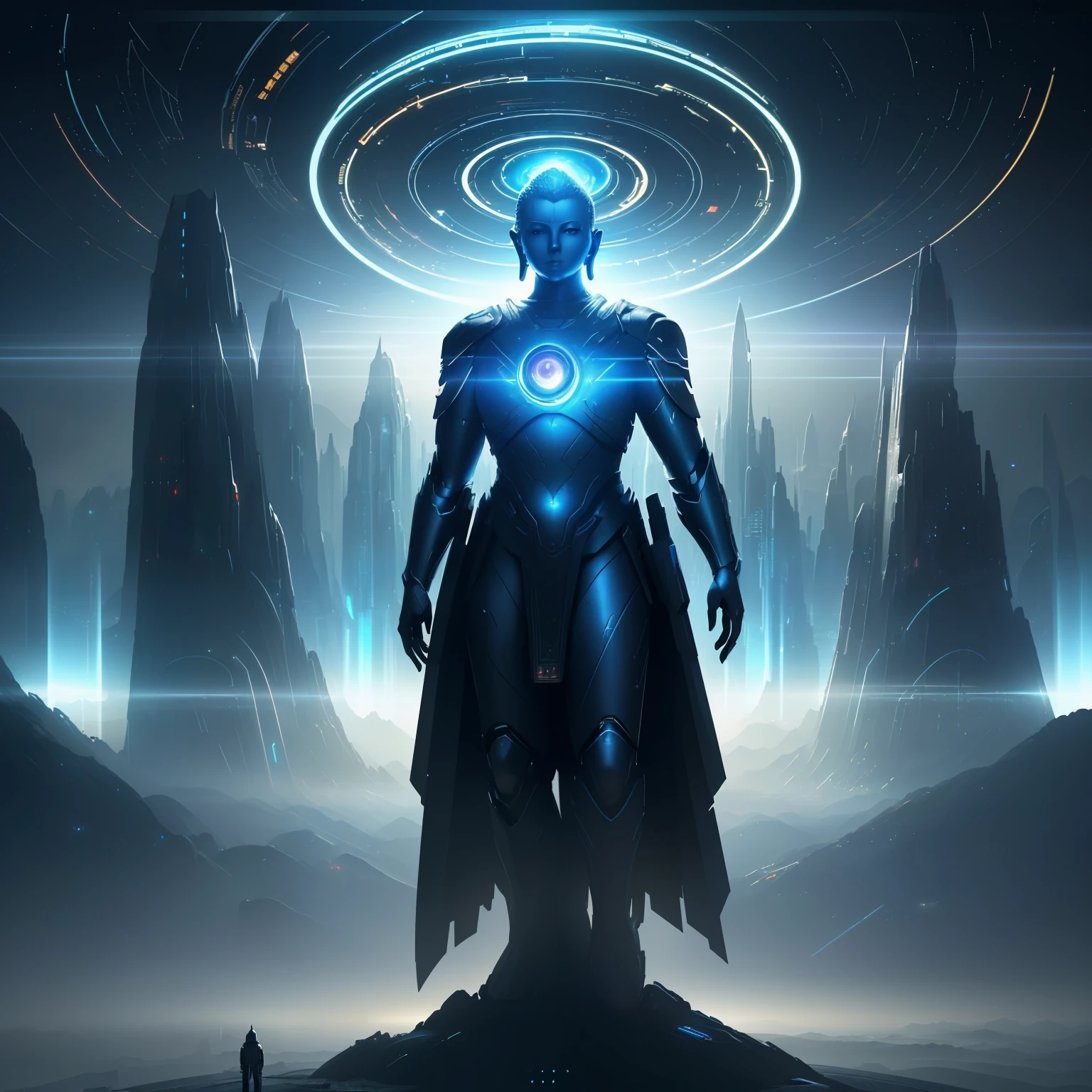 ((top quality, 8k, masterpiece: 1.3))，Giant  budda statue，folded hands,futuristic city，Time and space concept art，Fantasy sense of future technology，High-tech blue shift rendering，Large scenes，16k resolution concept art，8K resolution concept art，8K concept art，8k high detail concept art，Fantasy sci-fi city，Atmospheric concept art，8K concept art，colorful glare，Metaverse space scene，Lines of light，Dynamic，Beautiful sense of technology，Light painting rendering，nobody